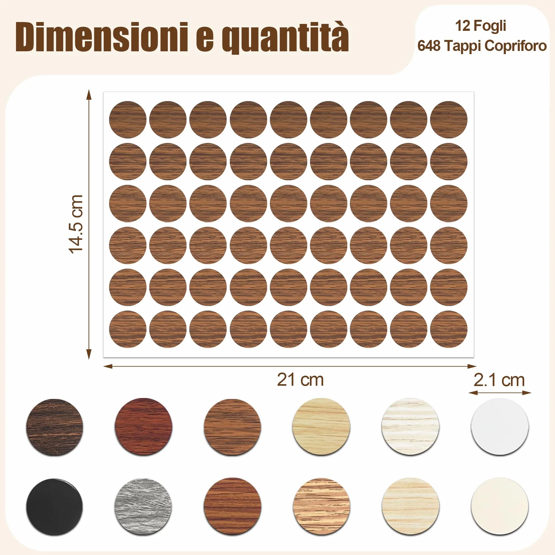 Copriviti Adesivi 648 Pezzi 12 Colori 21mm Tappi Copriforo per Fori Viti Mobili