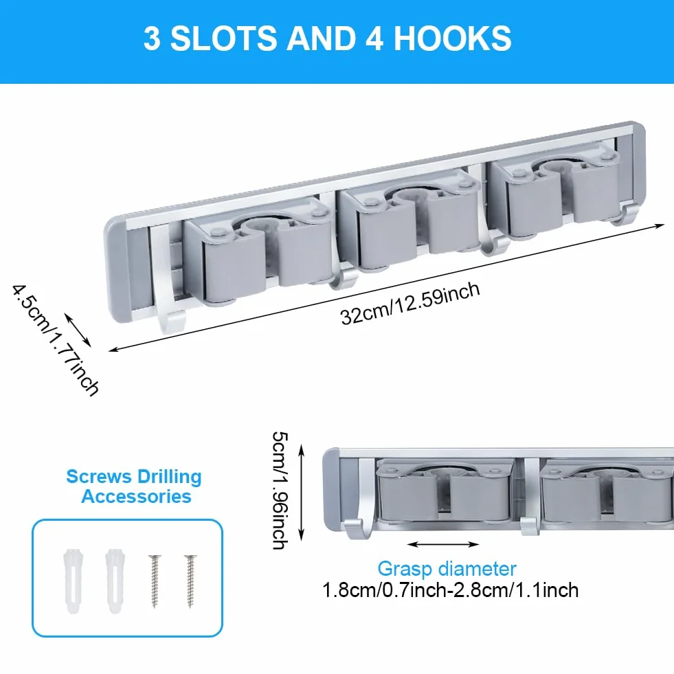 Vicloon Supporto per scopa e mocio, portaspazzole da parete 3 slot 4 ganci resistente