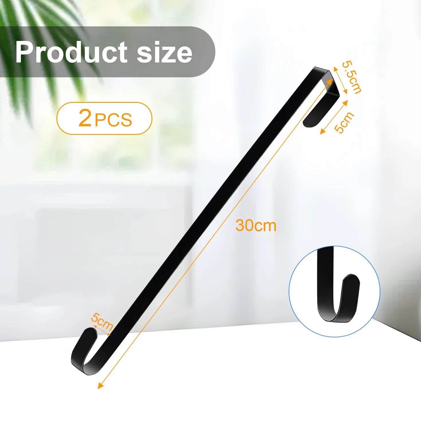 2 Ganci per Porte in Acciaio Inossidabile, Ghirlanda per porta, Ganci da 30 cm per ghirlande e Decorazioni per Porte - Ganci per Porte di Appartamenti Interne ed Esterne(Nero)