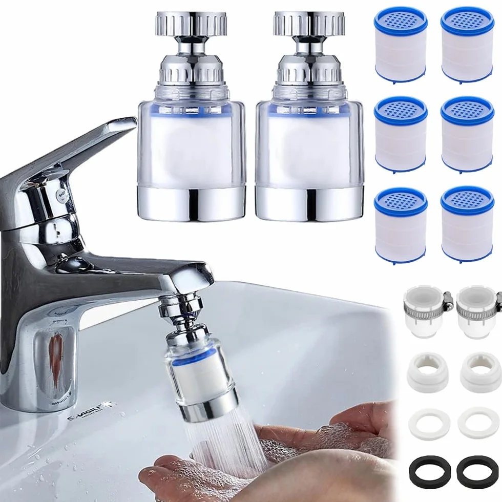 2 Pezzi Ruotabile A 360° Rubinetto Depuratore Acqua filtri per rubinetto Con 6 Elementi Filtranti In Cotone PP Filtro calcare dell'Acqua del Rubinetto Filtro Lavandino Bagno per cucina e bagno