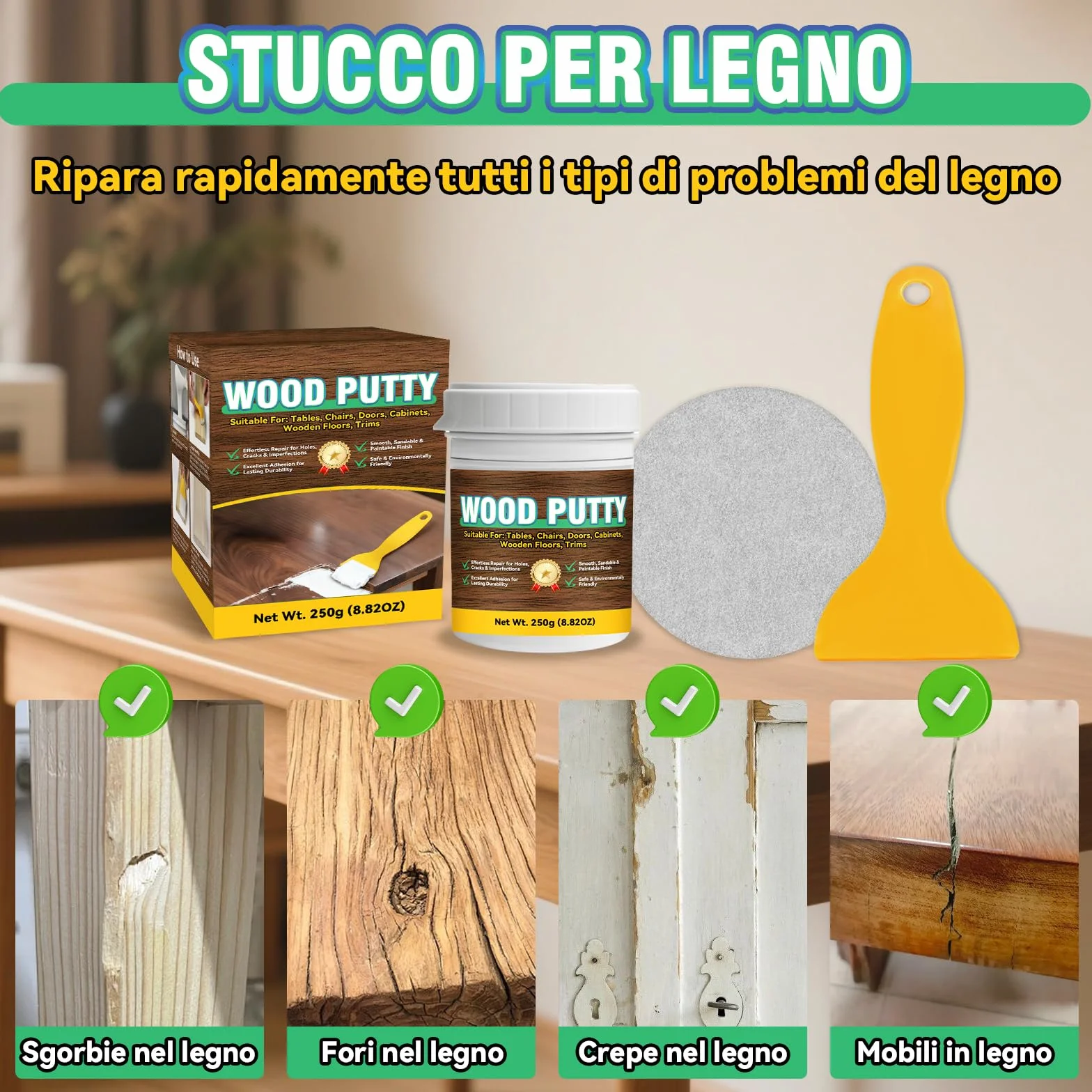 Stucco per Legno Riempitivo, Kit Universale Stucco Legno Bianco per Mobili e Pavimenti, Formula Rapida, Carteggiabile e Verniciabile per Riparare Crepe, Buchi e Difetti su Legno (250g)