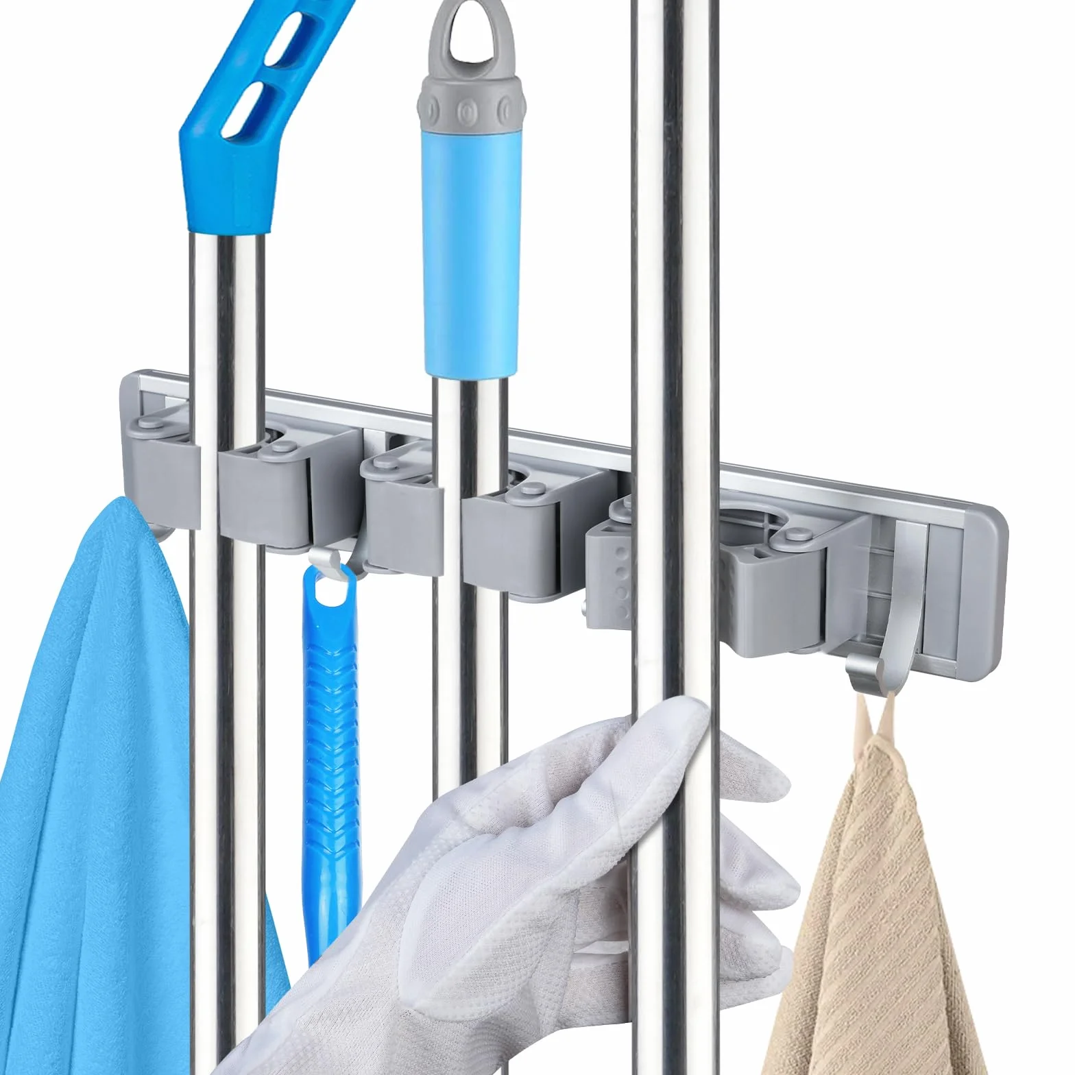 Vicloon Supporto per scopa e mocio, portaspazzole da parete 3 slot 4 ganci resistente