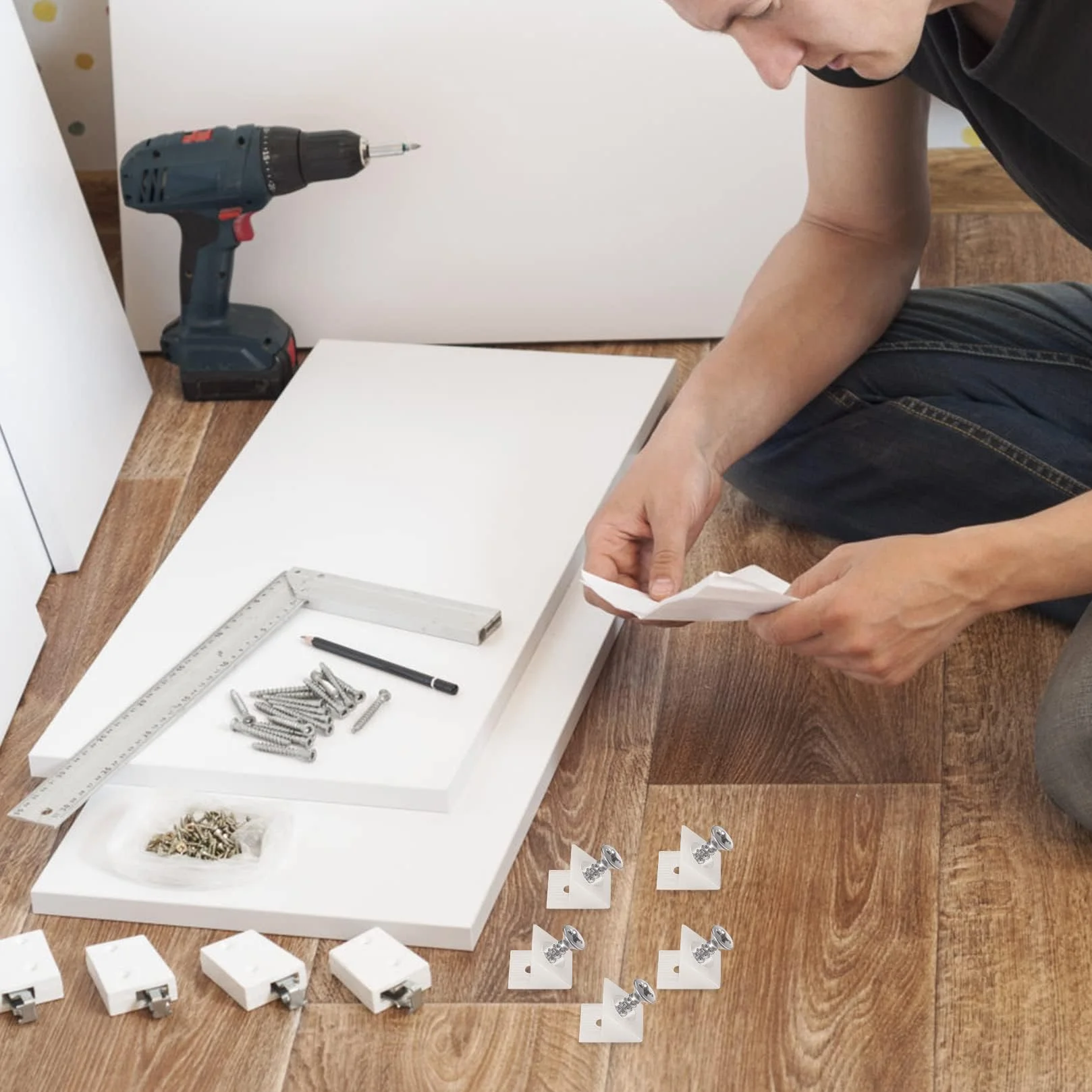 50 Pezzi Cunei di Fissaggio Stabilizzatori con Viti, Backplane Connettore Supporto Angolare Cunei Mobili Cassetto Casa Riparazione con Cunei riparazione per Cassetti Allentati (50, bianco)