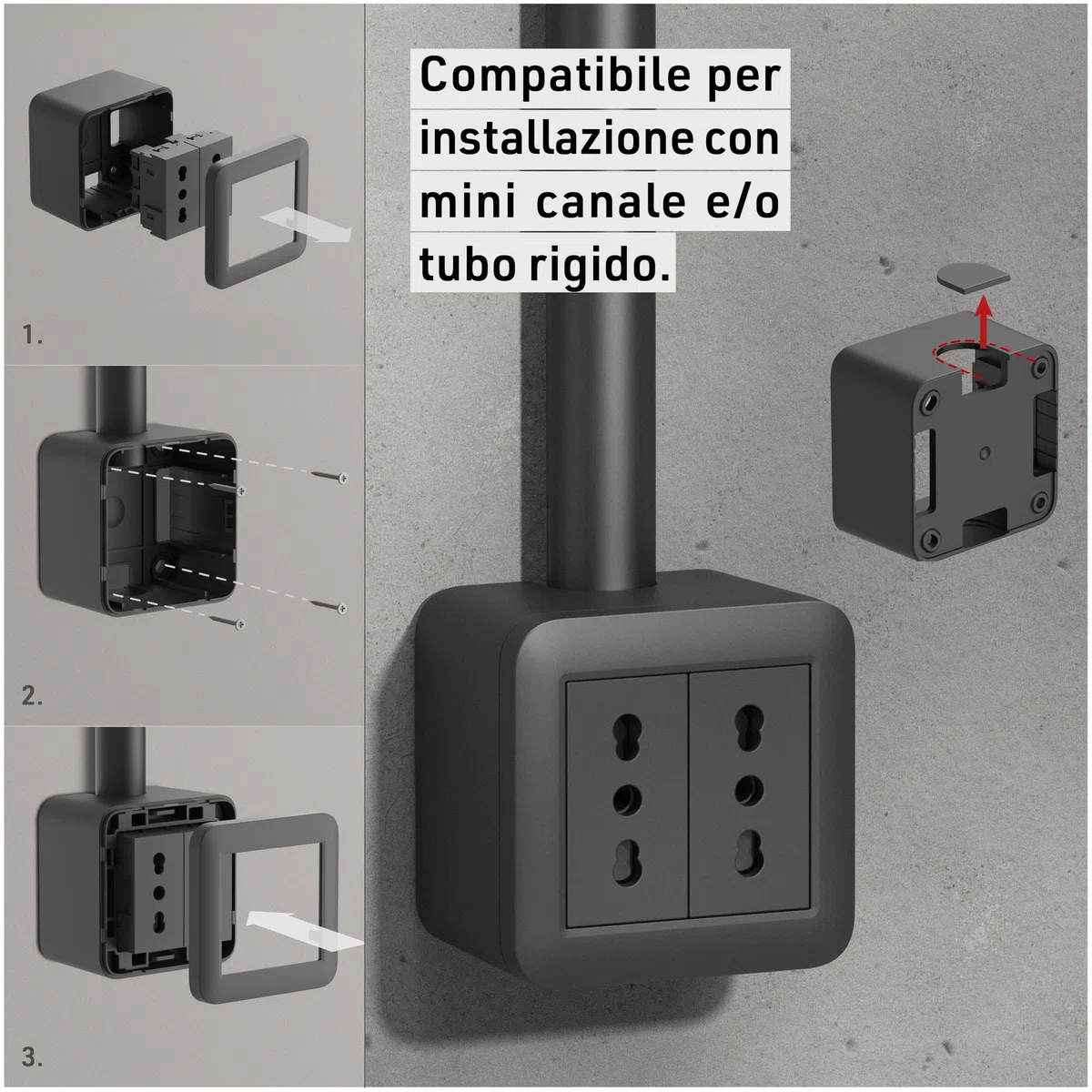 Electraline 60479 contenitore da superficie FIXA con due prese bivalenti (10/16A), Nero, IP40, compatibile per installazione con tubo rigido e canalina