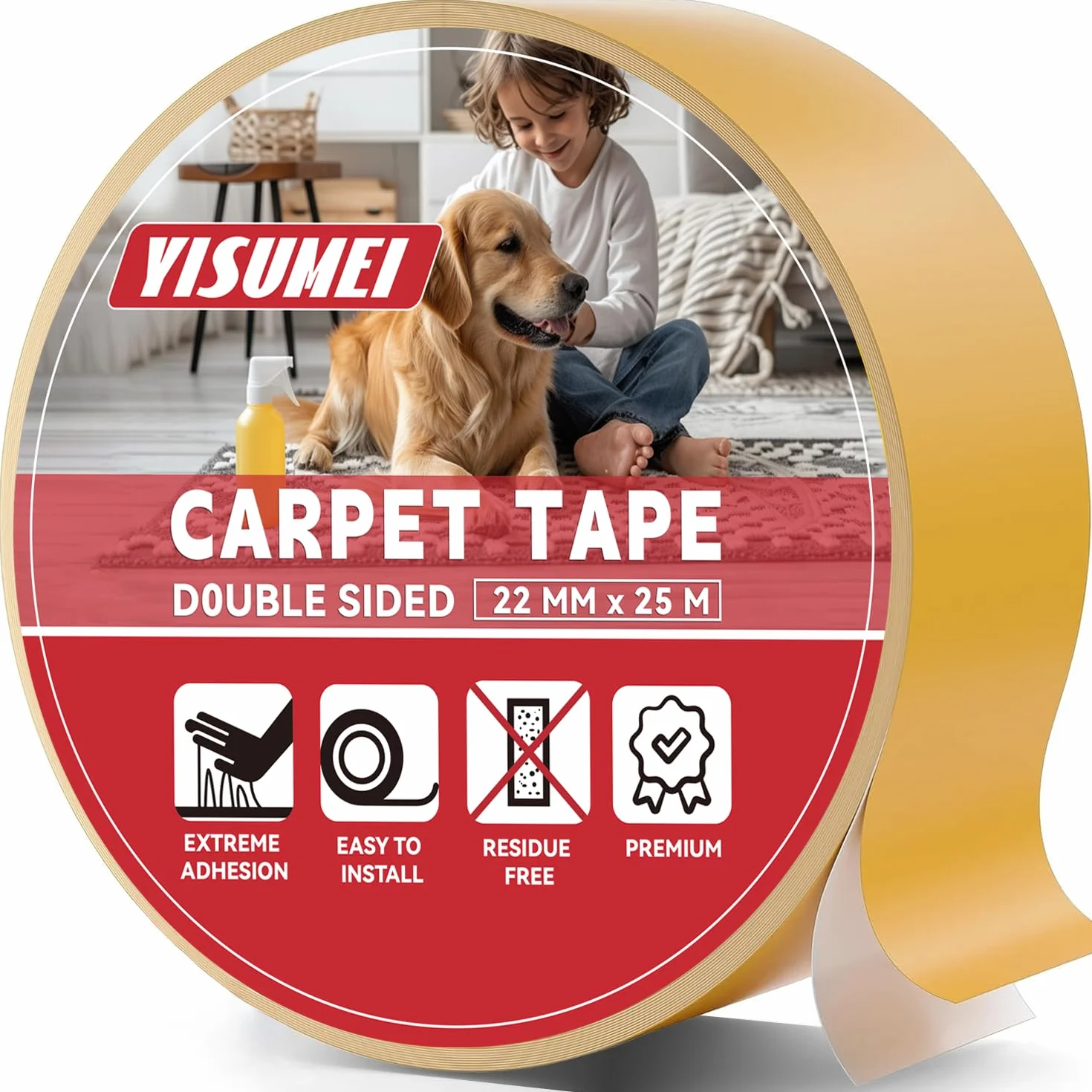 YISUMEI Nastro biadesivo extra forte, per moquette, per pavimenti, facile da usare e senza residui, 22 mm x 25 m