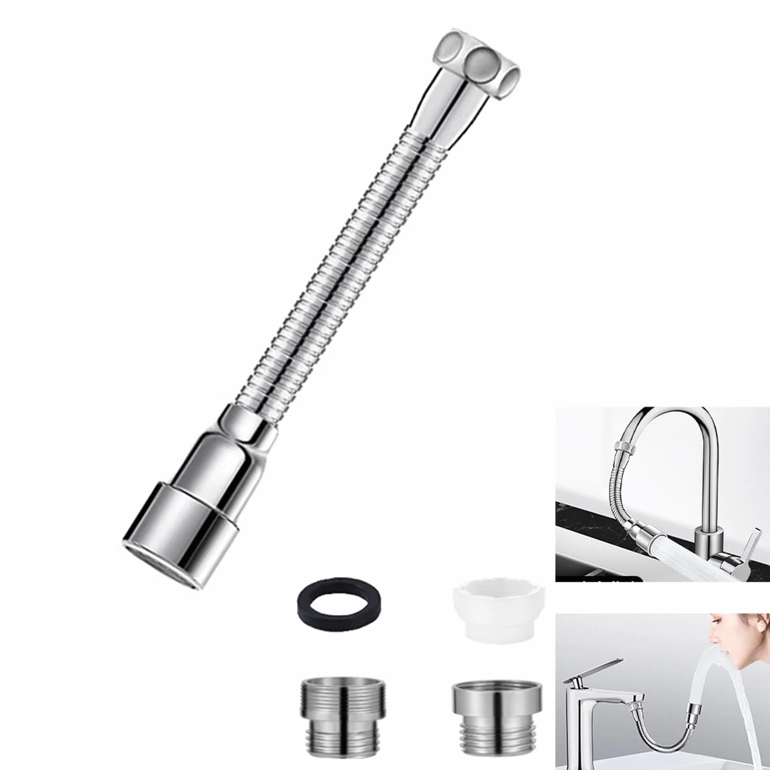 Prolunga Rubinetto Cucina 20cm Acciaio Inox Estensione 360° Girevole 2 Adattatori