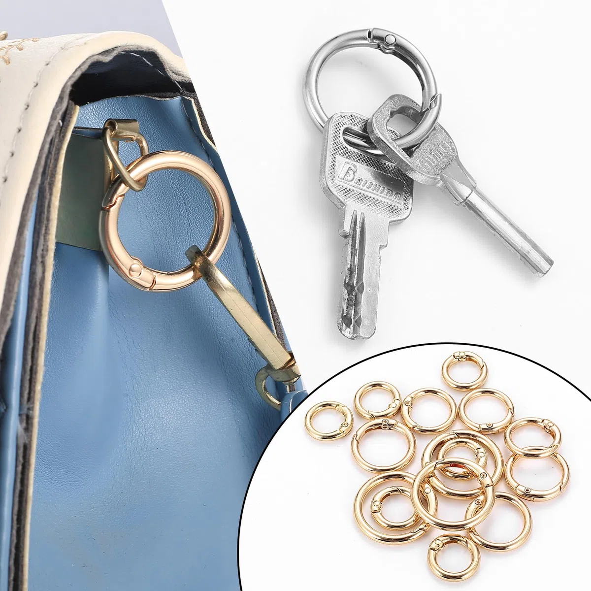 30 Pz Scatto Molla Rotonda Multi-misura, Moschettoni per Borse a Innesco Gancio, Accessori Anelli per Borse Uncinetto, Anello Portachiavi a Molla per Zaini Bagagli Cinghie Artigianato, Oro/Argento