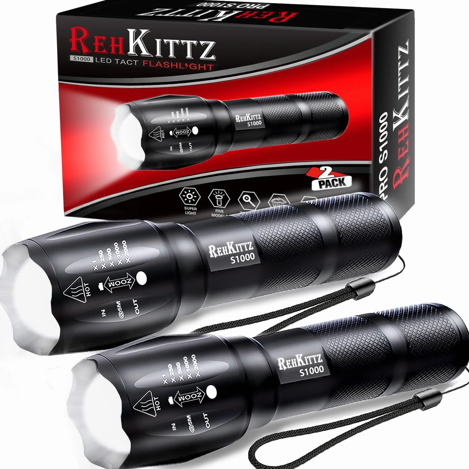 REHKITTZ Torcia Super Luminosa Portatile LED (Confezione da 2), 2000 Lumen Torcia Elettrica, Zoomabile,Formato Tascabile,Impermeabile IP44 e 5 Modalità Di Illuminazione