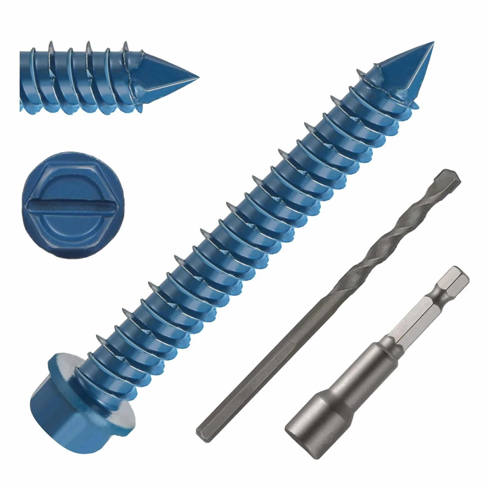 DAYALO Viti per calcestruzzo, testa esagonale M5.5 x 45, 30 pezzi, viti zincati, trapano e chiave a bussola esagonale per muratura, cemento, architettura, industria (blu)