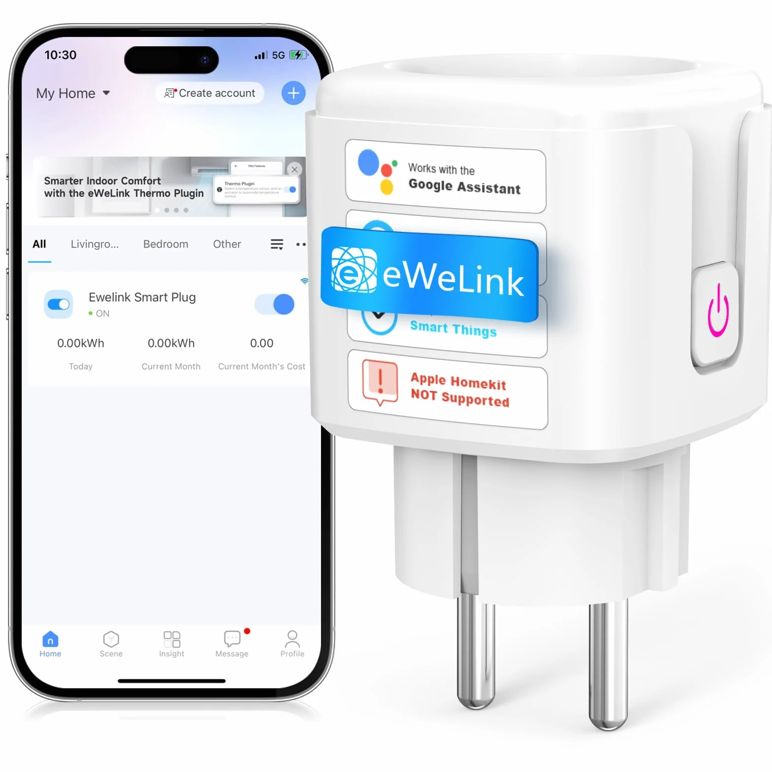 SURFOU Presa Smart, 16A Intelligente Plug Compatibile con Alexa e Google Home, Controllo Vocale, 2.4GHz WiFi Accesso Remoto, Nessun Hub Necessario, Monitoraggio del Consumo Energetico