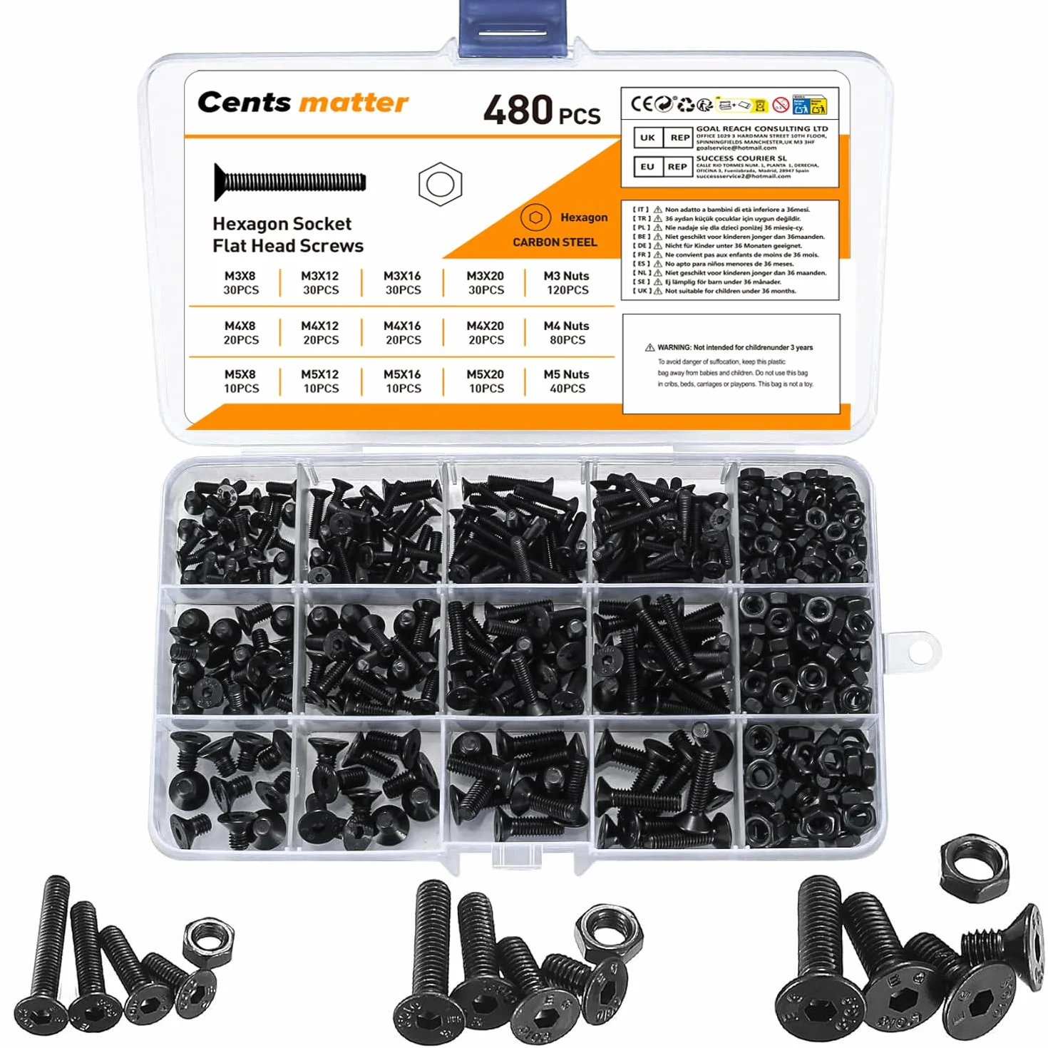 Set di 480 viti e dadi a esagono M3 M4 M5 - Kit di viti a testa piatta