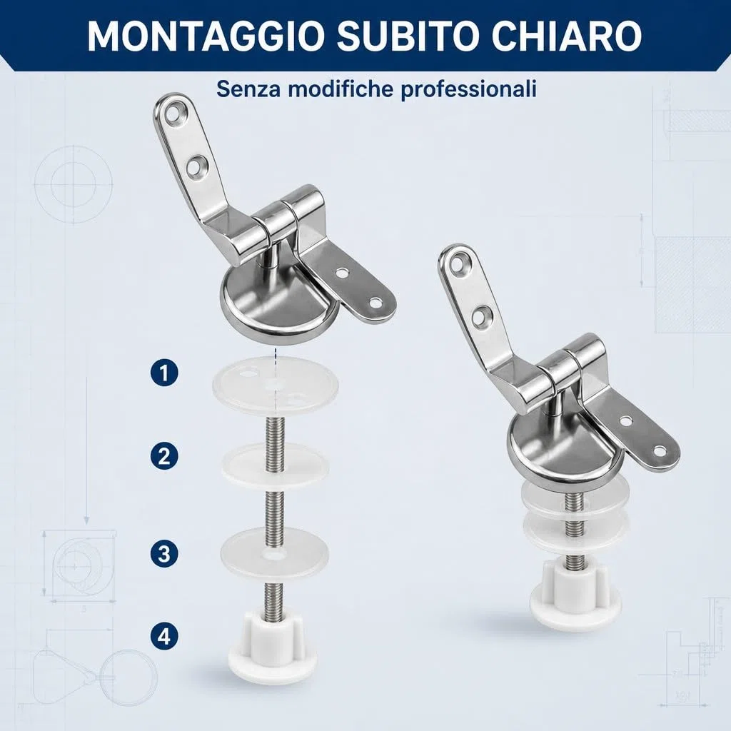 Cerniere Copriwater Universali Acciaio Inox HM con Viti e Guarnizioni, Kit Fissaggio Sedile WC Rotondo MDF Legno Resina, Ricambio Tavoletta WC