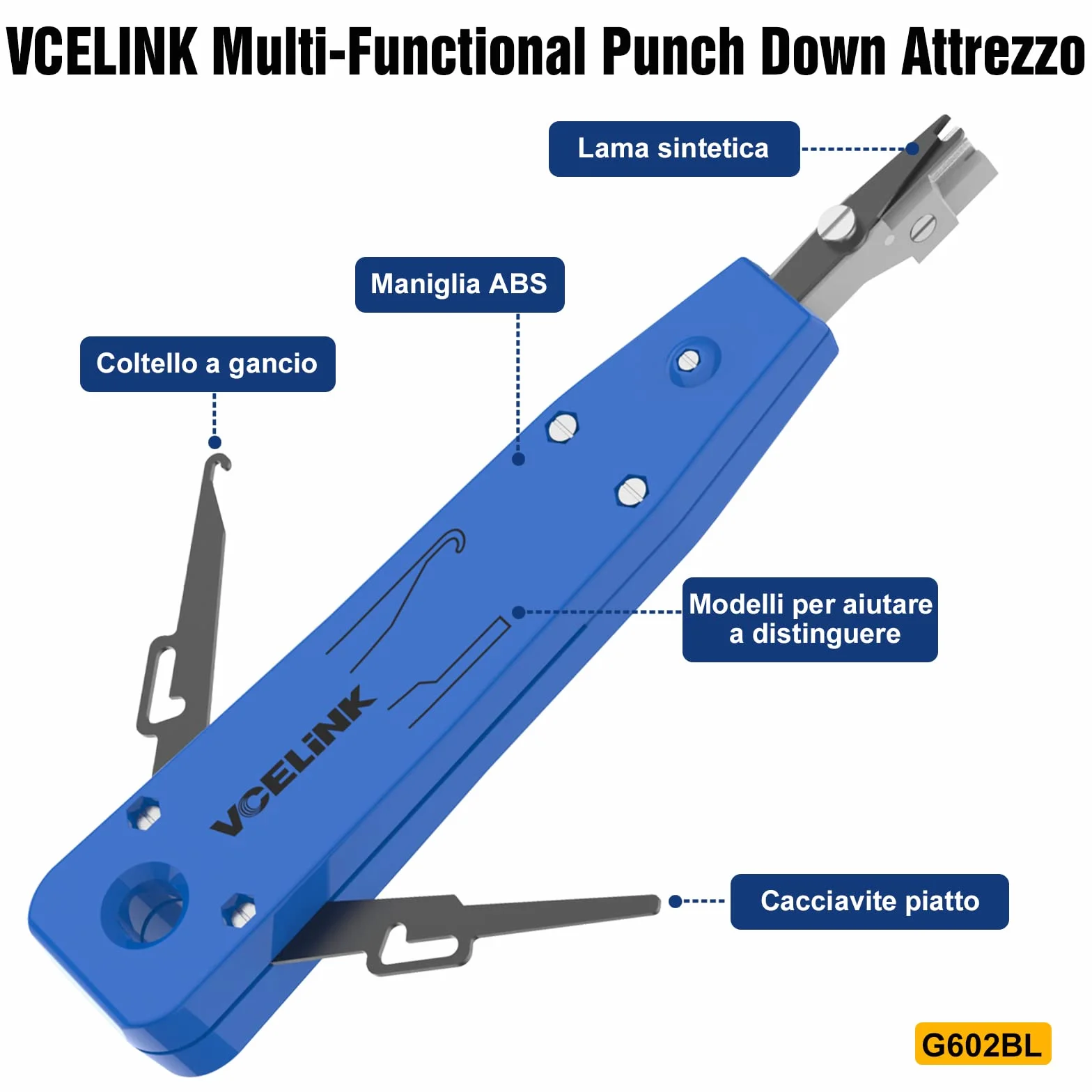 VCELINK Punch Down Attrezzo per Prese di Rete, Pinza Crimpatrice di Impatto con Tagliafili, Blu