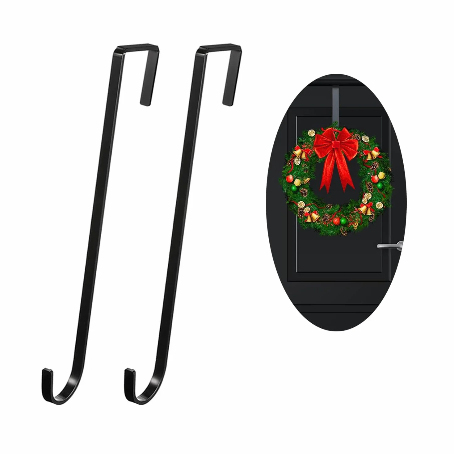 2 Ganci per Porte in Acciaio Inossidabile, Ghirlanda per porta, Ganci da 30 cm per ghirlande e Decorazioni per Porte - Ganci per Porte di Appartamenti Interne ed Esterne(Nero)