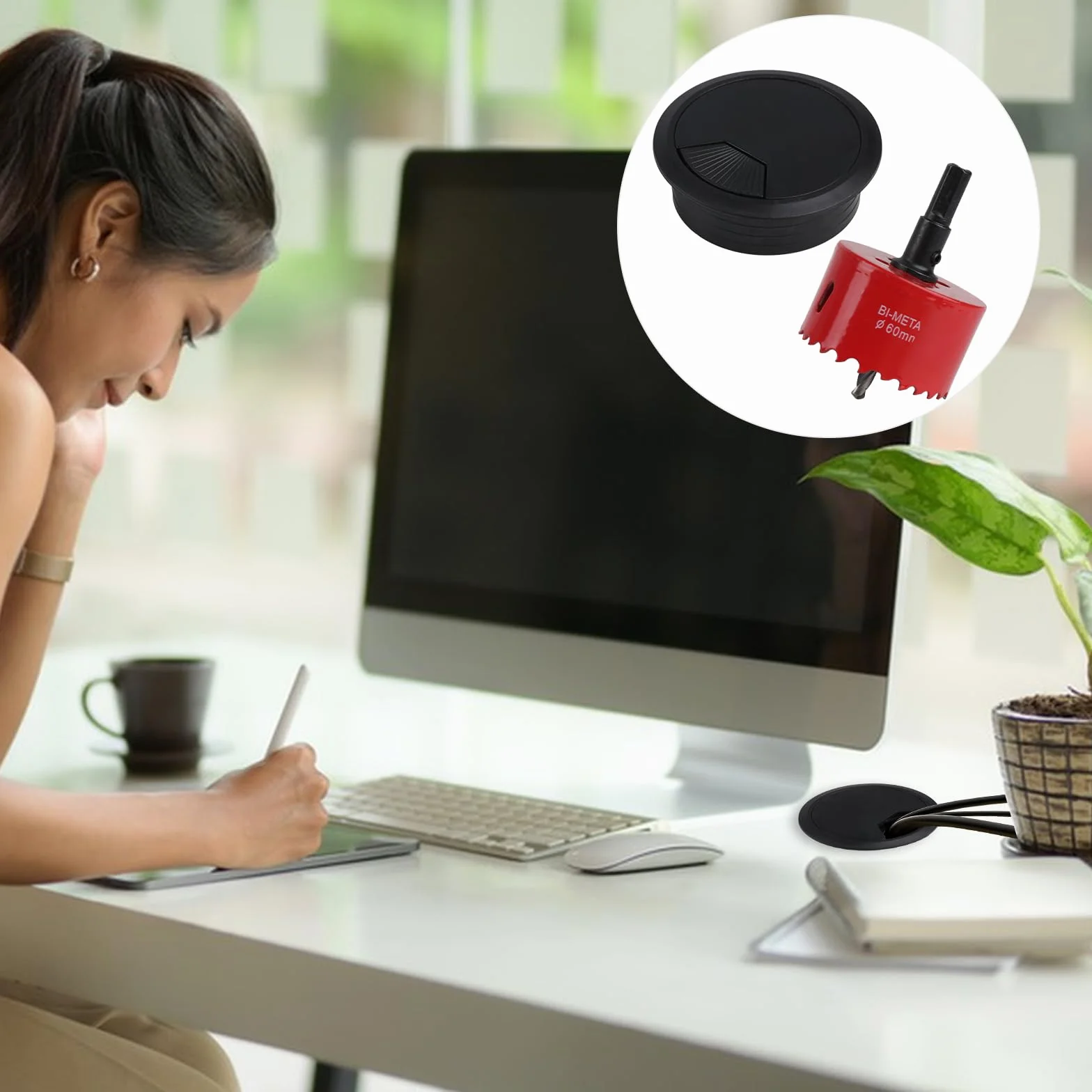 Punta da trapano per sega a tazza 60 mm e 6 coperture rotonde per cavi da scrivania nere