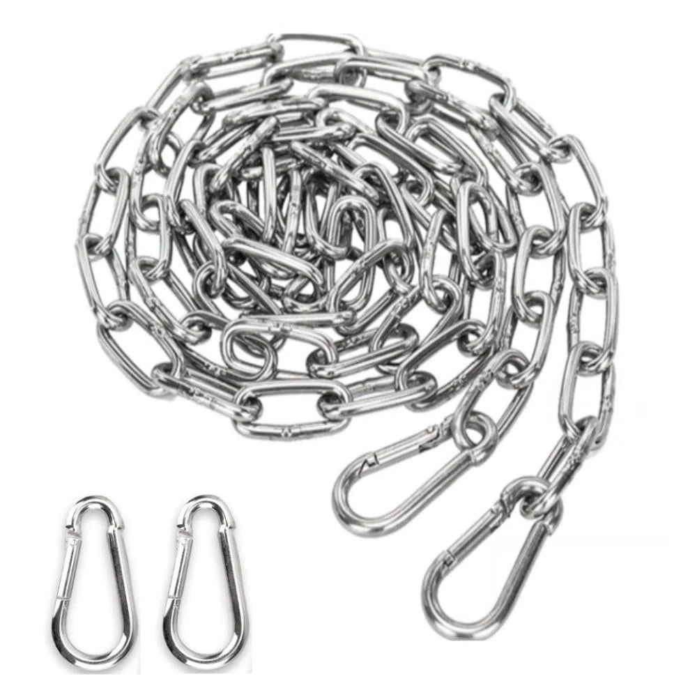 Catena in Acciaio Inox 3mm 1,5m Catenella in Acciaio + 2 Pezzi di Estensione Moschettone Catena per Ancoraggio Amaca - Carico 90kg