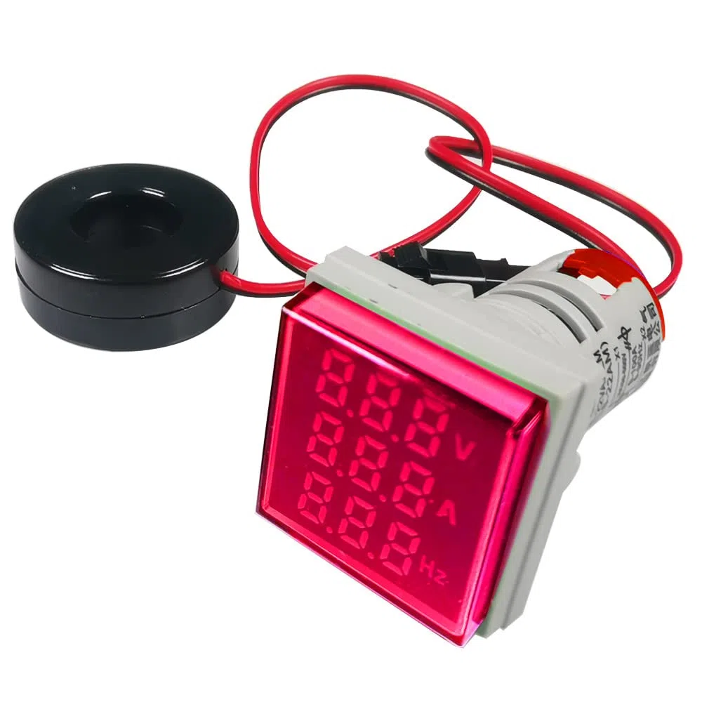 Gebildet Tester di Tensione di Corrente CA da 22mm con Display a LED a 3 cifre Voltmetro Multifunzione Amperometro Misuratore di Frequenza Multimetro AC 50-500V 0-100A 0-99Hz (Rosso, Quadrato)