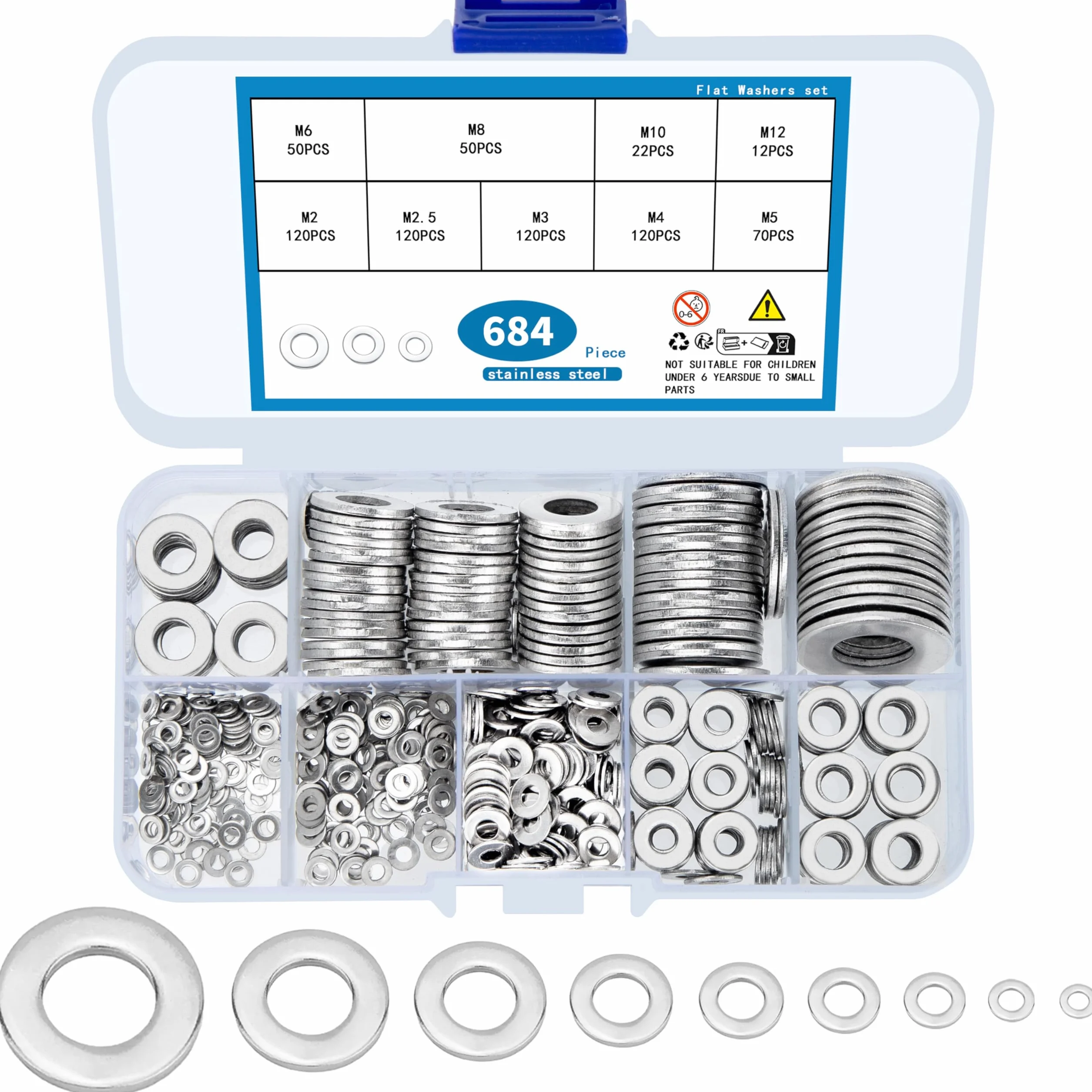 wugongshan 684 Pz Rondelle Piatte Set, Rondelle di Sicurezza in Acciaio Inox, Rondelle Alzaporta Rotonde per Riparazioni, Fabbrica, Impianti Idraulici - M2 M2.5 M3 M4 M5 M6 M8 M10 M12, 9 Dimensioni