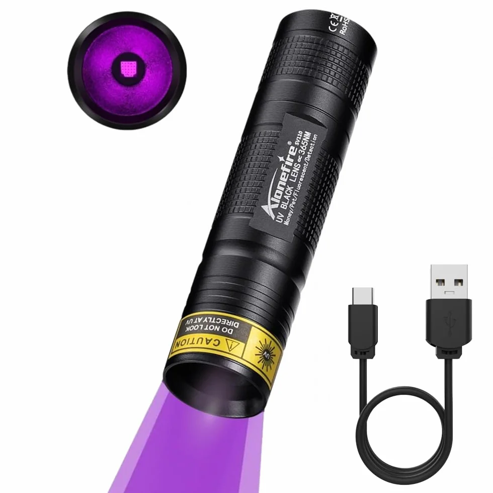 Alonefire SV110 Torcia UV LED Piccolo Professionale 365nm USB C Ricaricabile Mini Lampada Ultravioletti per Resina, Pesca, Fluoresceina, Rilevatore di Urina,Minerali con Batteria Incorporata