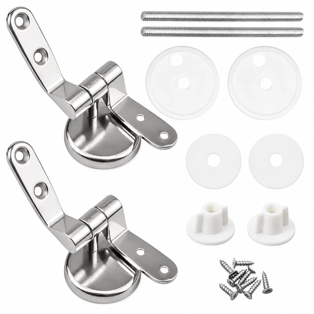 Cerniere Copriwater Universali Acciaio Inox HM con Viti e Guarnizioni, Kit Fissaggio Sedile WC Rotondo MDF Legno Resina, Ricambio Tavoletta WC
