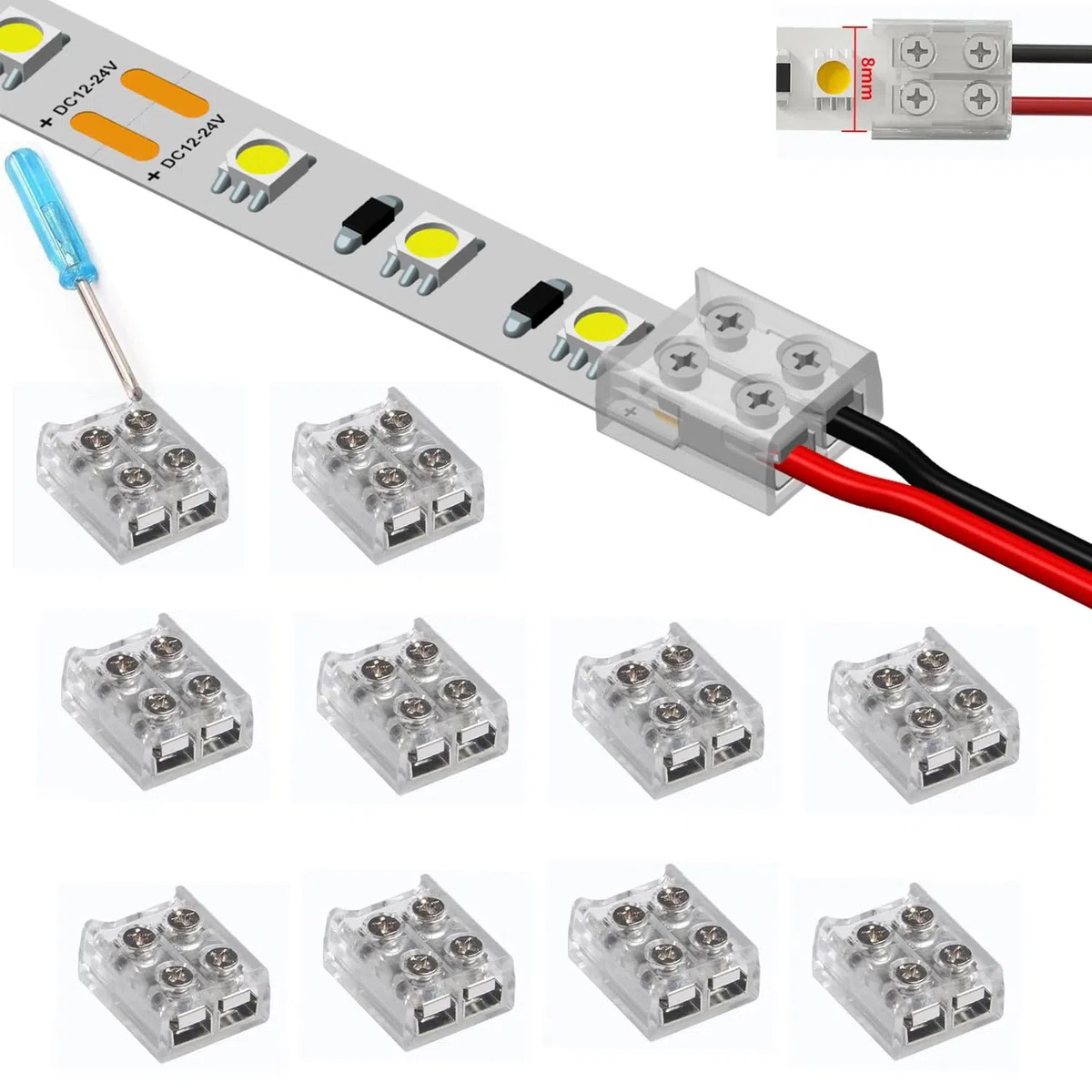 Connettori per Strisce LED 8mm a 2 Poli, Senza Saldatura per LED 5050 3528 Monocolore, Collegamento Rapido a Filo Con Cacciavite