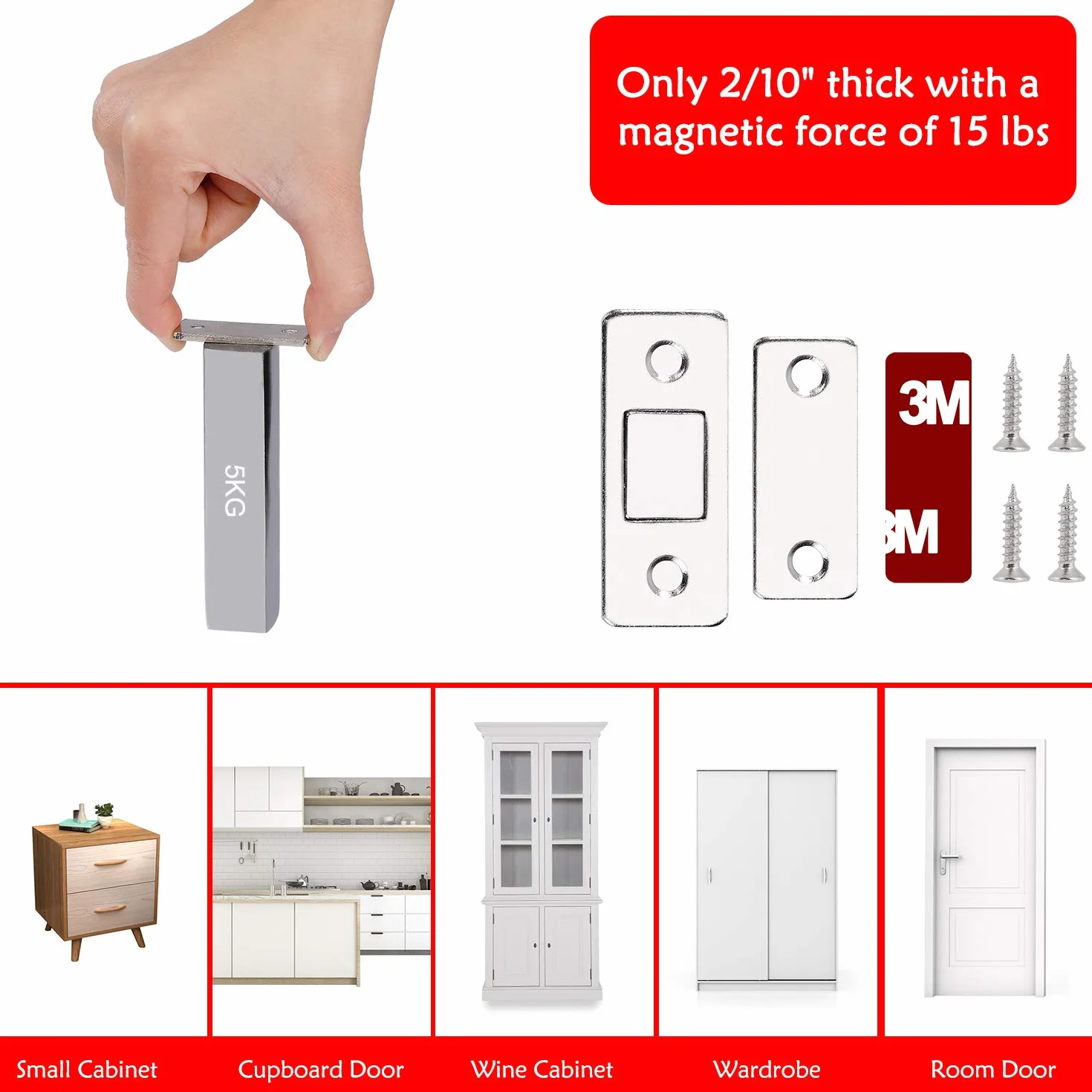 Calamita Porta, 8 Pezzi calamite magnetiche ultra sottili, Adesivo Potente Magnete Chiusura con Viti per Ante Mobili Cassetti Chiudiporta Armadio Cucina