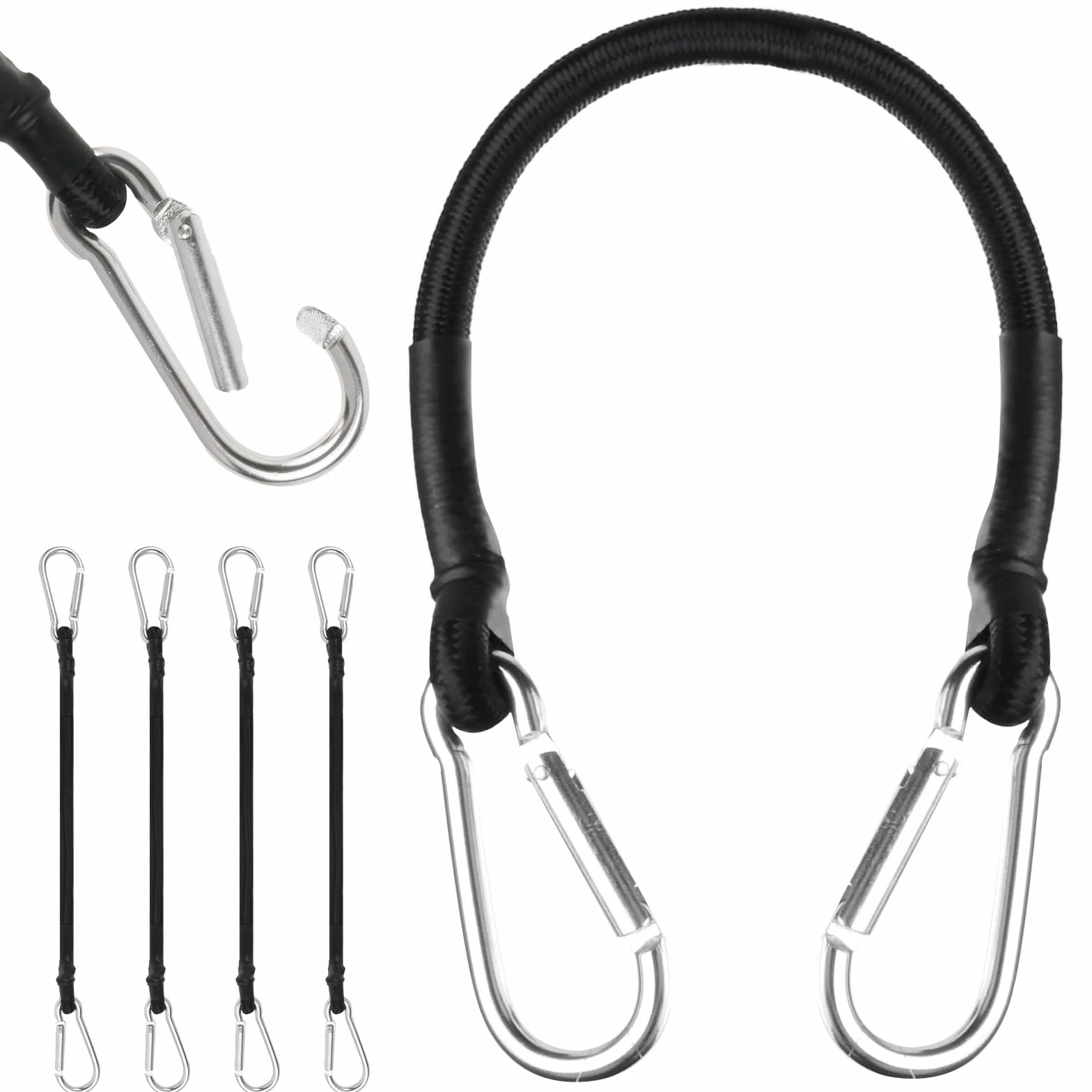 URAQT Corda elastica, 4 corde elastiche con moschettoni, tenditore elastico da 30 cm, trasporto in gomma elastica per valigie, ganci cinghia elastica per tendalini, teloni, campeggio, bagagli