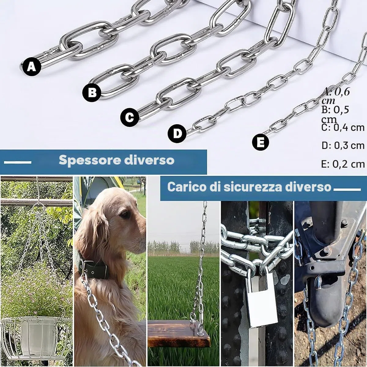 Catena in acciaio inossidabile, maglie saldate per recinzioni sospese ad alta resistenza, ideale per catena per cani, catena per altalena, catena per asciugare la biancheria, diametro 1,2 mm
