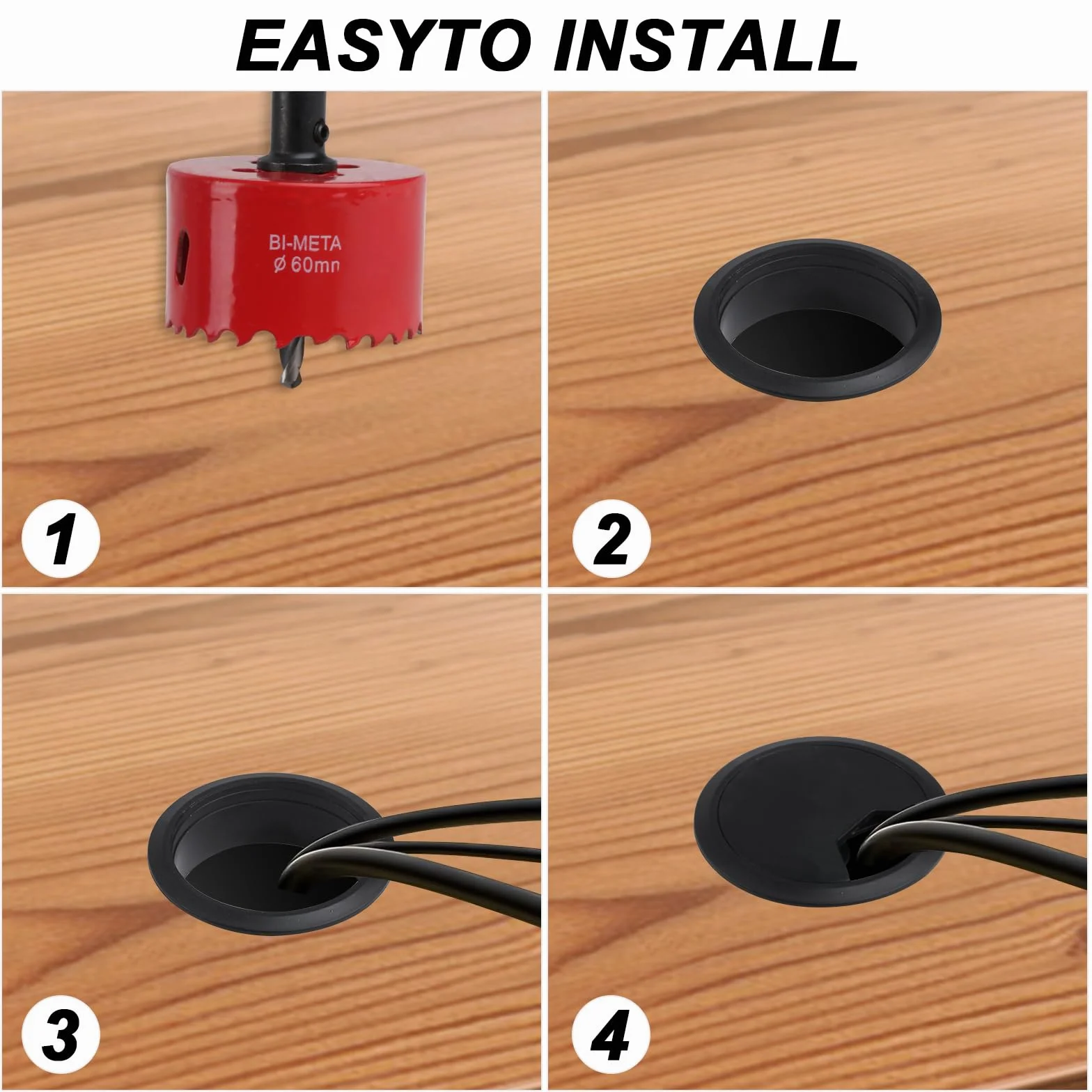 Punta da trapano per sega a tazza 60 mm e 6 coperture rotonde per cavi da scrivania nere