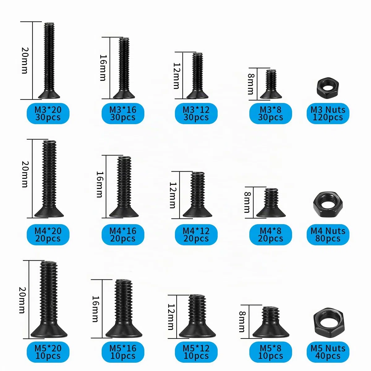 Set di 480 viti e dadi a esagono M3 M4 M5 - Kit di viti a testa piatta