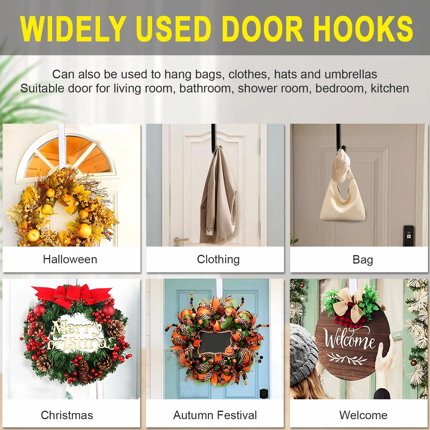 2 Ganci per Porte in Acciaio Inossidabile, Ghirlanda per porta, Ganci da 30 cm per ghirlande e Decorazioni per Porte - Ganci per Porte di Appartamenti Interne ed Esterne(Nero)