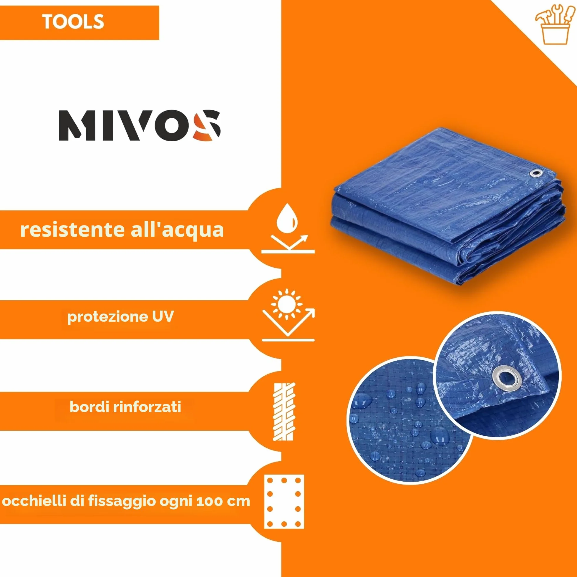 Mivos Telone di Copertura Universale 2 x 3 m - Blu - Impermeabile in tessuto 60 g/m² - Per Mobili da Giardino Legno - Antimuffa - Con Occhielli in Alluminio