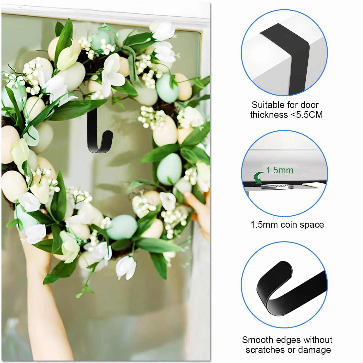 2 Ganci per Porte in Acciaio Inossidabile, Ghirlanda per porta, Ganci da 30 cm per ghirlande e Decorazioni per Porte - Ganci per Porte di Appartamenti Interne ed Esterne(Nero)