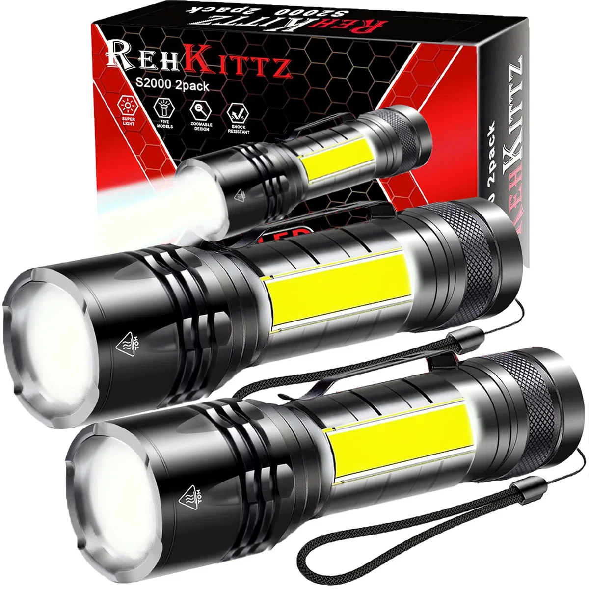 REHKITTZ Torcia LED Potente 2 Pezzi, Multifunzione (Bianca,Rossa,Lampeggiante Bianca e Rossa), 2000 lumen, Super luminosa, Mini Torcia Compatta, Portatile, per Campeggio