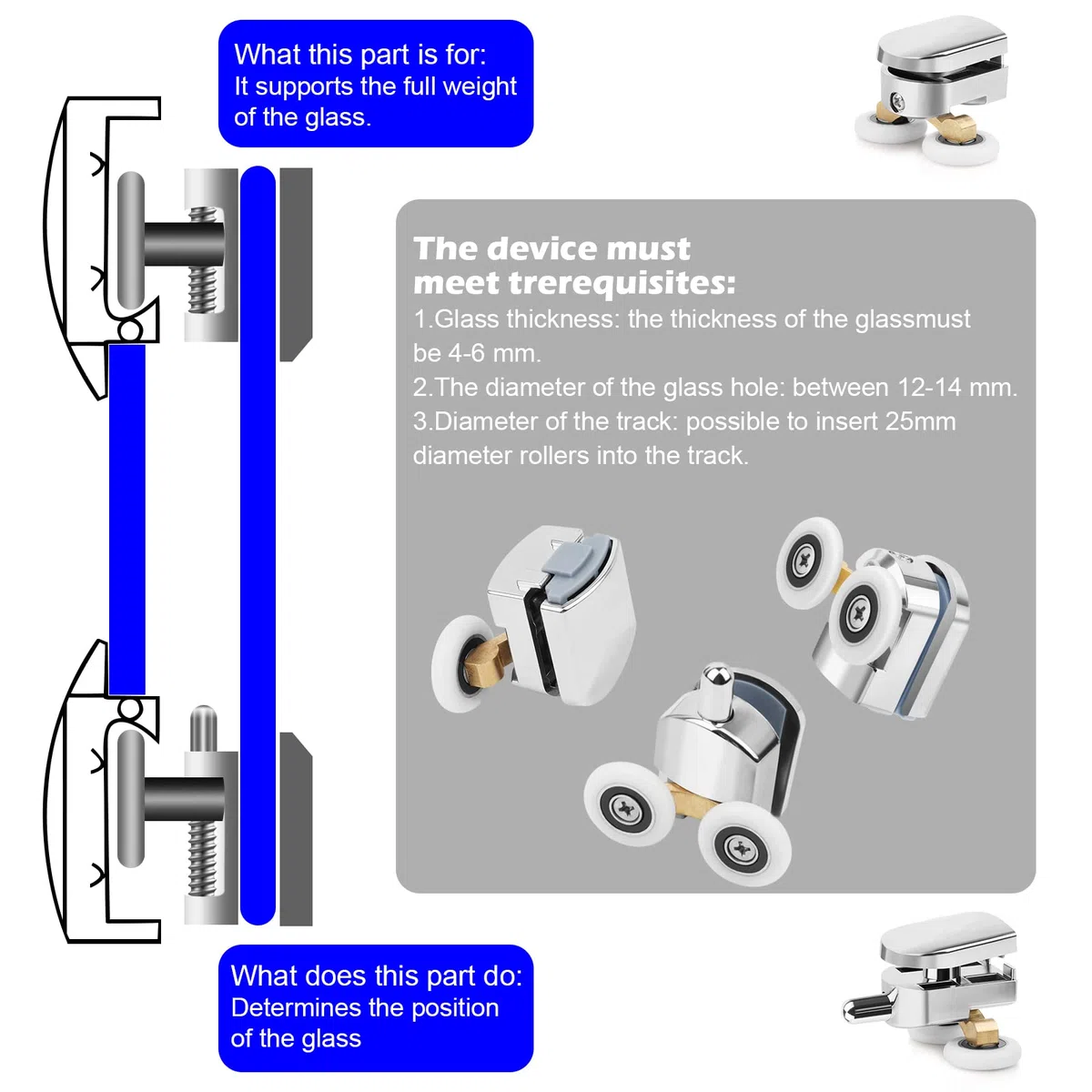 4 Set Rulli Per Porta Box Doccia con doppia porta scorrevole, Rotelle Diametro e' 23 mm per Vetro 4-6 mm
