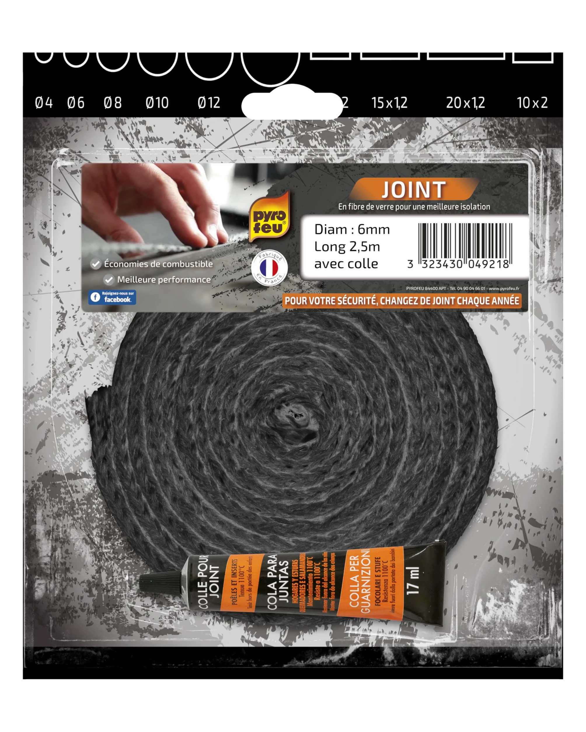 Pyro Feu Guarnizione refrattaria 6 mm x 2,5 m + Tubo di Colla, Fibra di Vetro, Nero