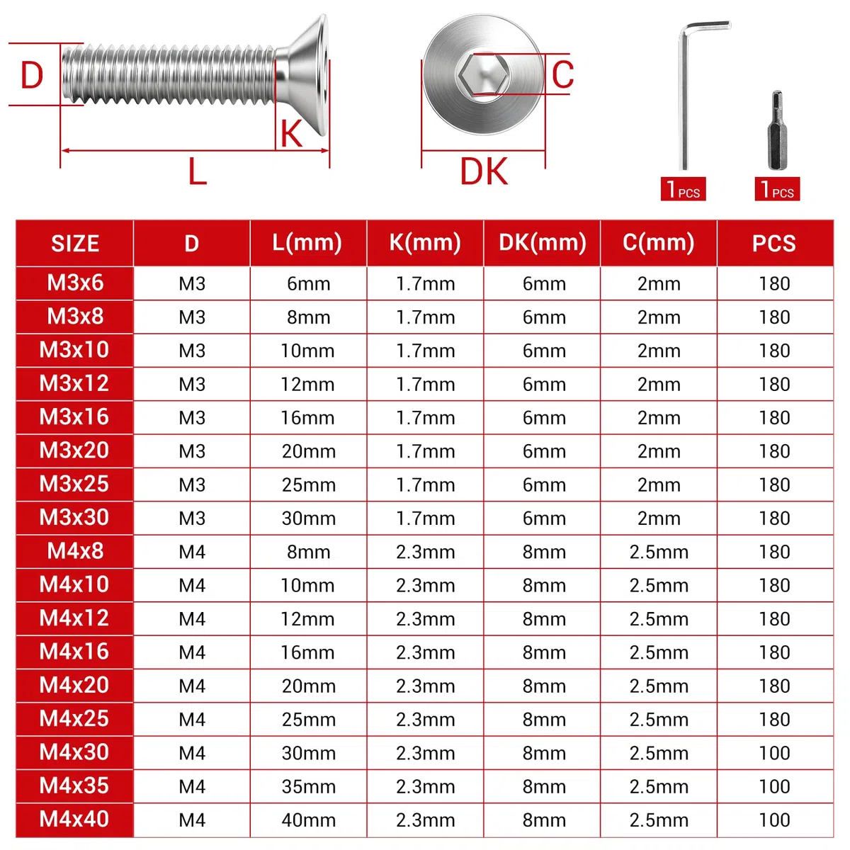 180 Pezzi Vite a Testa Svasata M3x8 mm Viti Acciaio Inossidabile DIN 7991/ISO 10642 Viti a Esagono Incassato Filettatura Metrica Standard per Riparazioni Domestiche