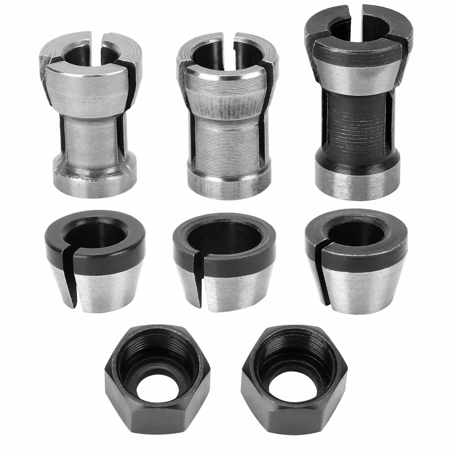 QWORK® 6 pezzi mandrini per pinze per router, acciaio al carbonio, adattatori elettrici per router per macchine per la lavorazione del legno e per l'incisione, 6 mm 6.35 mm 8 mm con 2 dadi