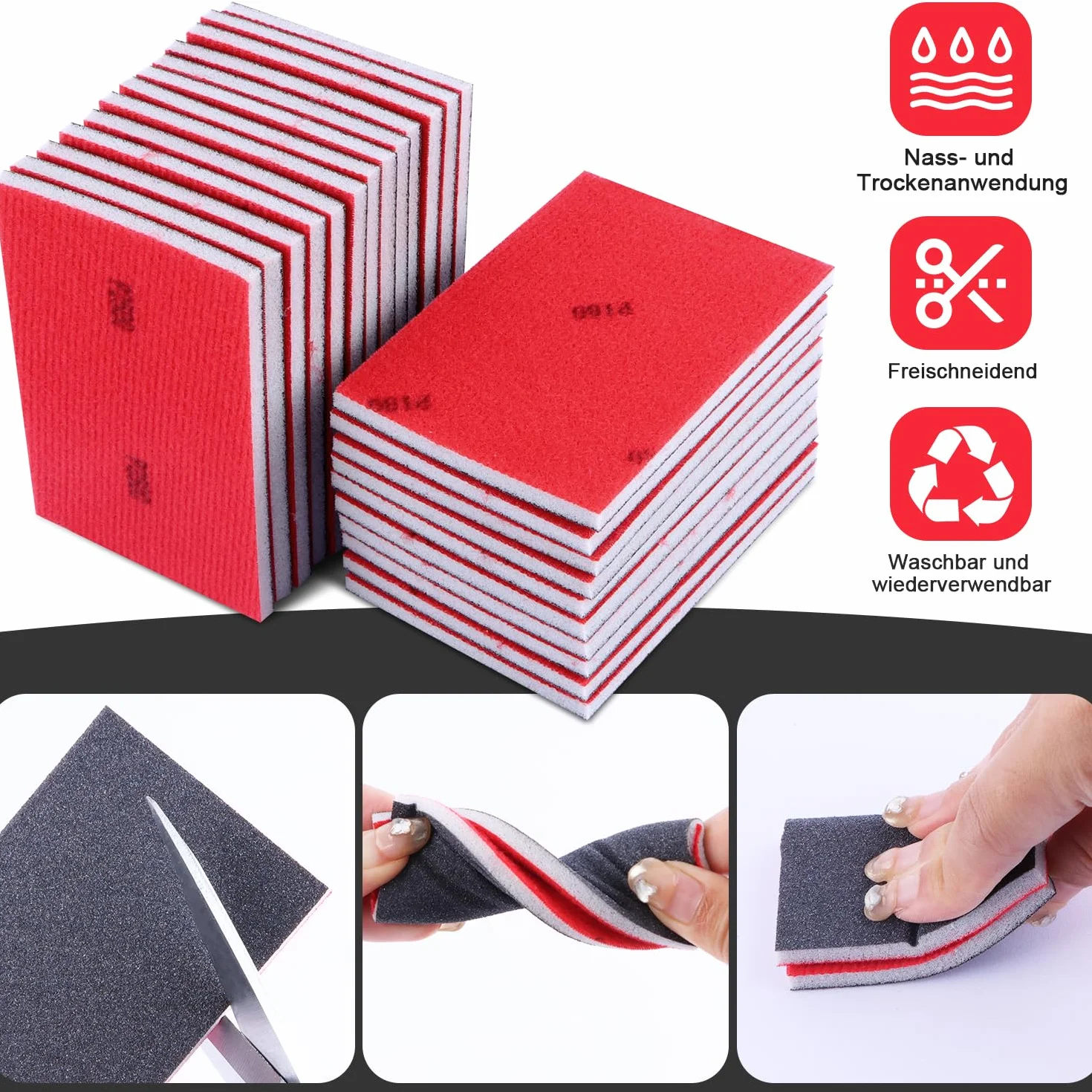 Set di 16 spugne abrasive per legno, cartongesso, 180 pezzi, grana 180, blocchi abrasivi per legno, cartongesso, metallo, riparazione carrozzeria auto