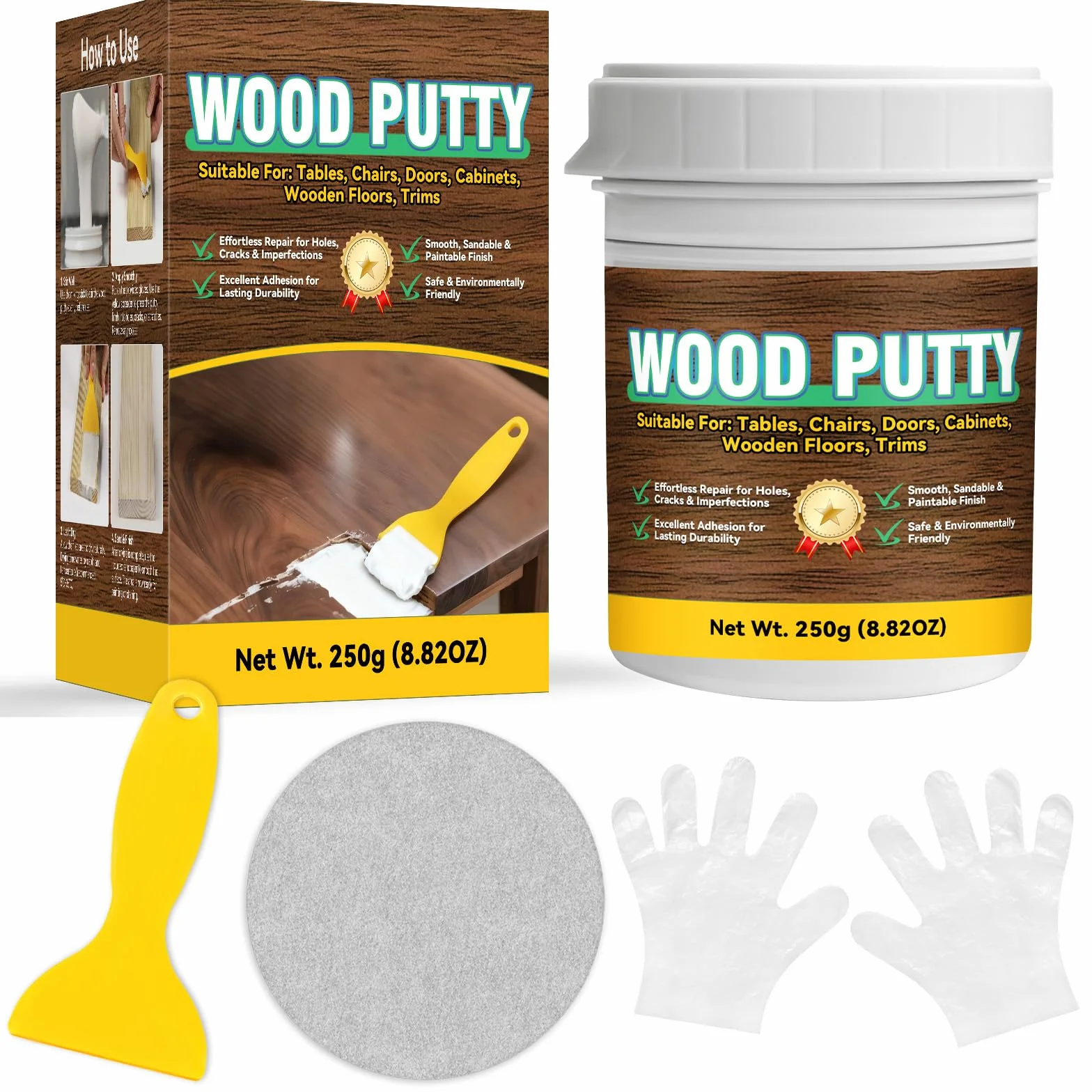 Stucco per Legno Riempitivo, Kit Universale Stucco Legno Bianco per Mobili e Pavimenti, Formula Rapida, Carteggiabile e Verniciabile per Riparare Crepe, Buchi e Difetti su Legno (250g)