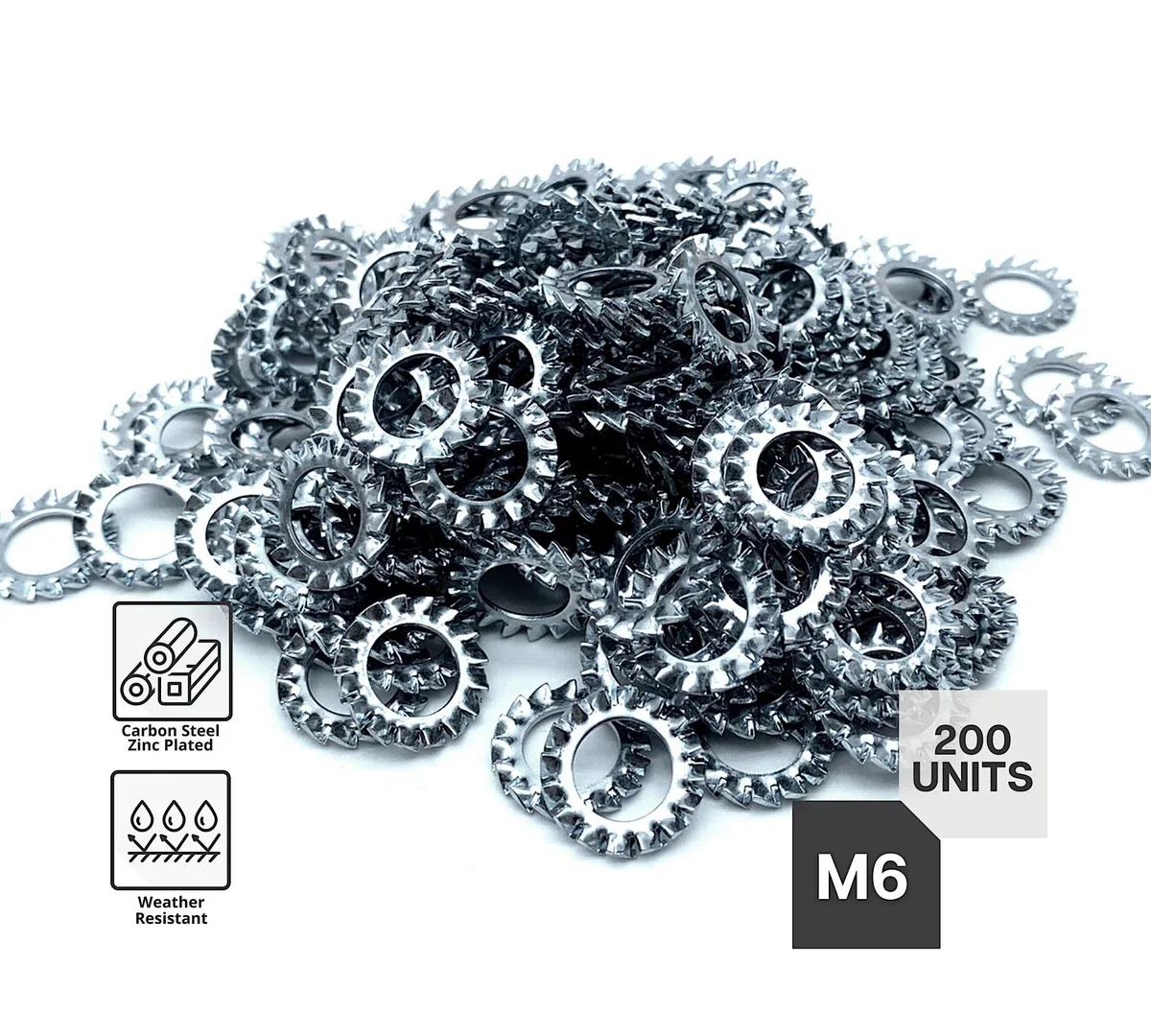 DOJA Barcelona | Set rondelle seghettate | M6 | acciaio zincato | PACK 200 | Assortimento di dischi dentati seghettati per viti con denti | rondelle di sicurezza, rondelle, dentate