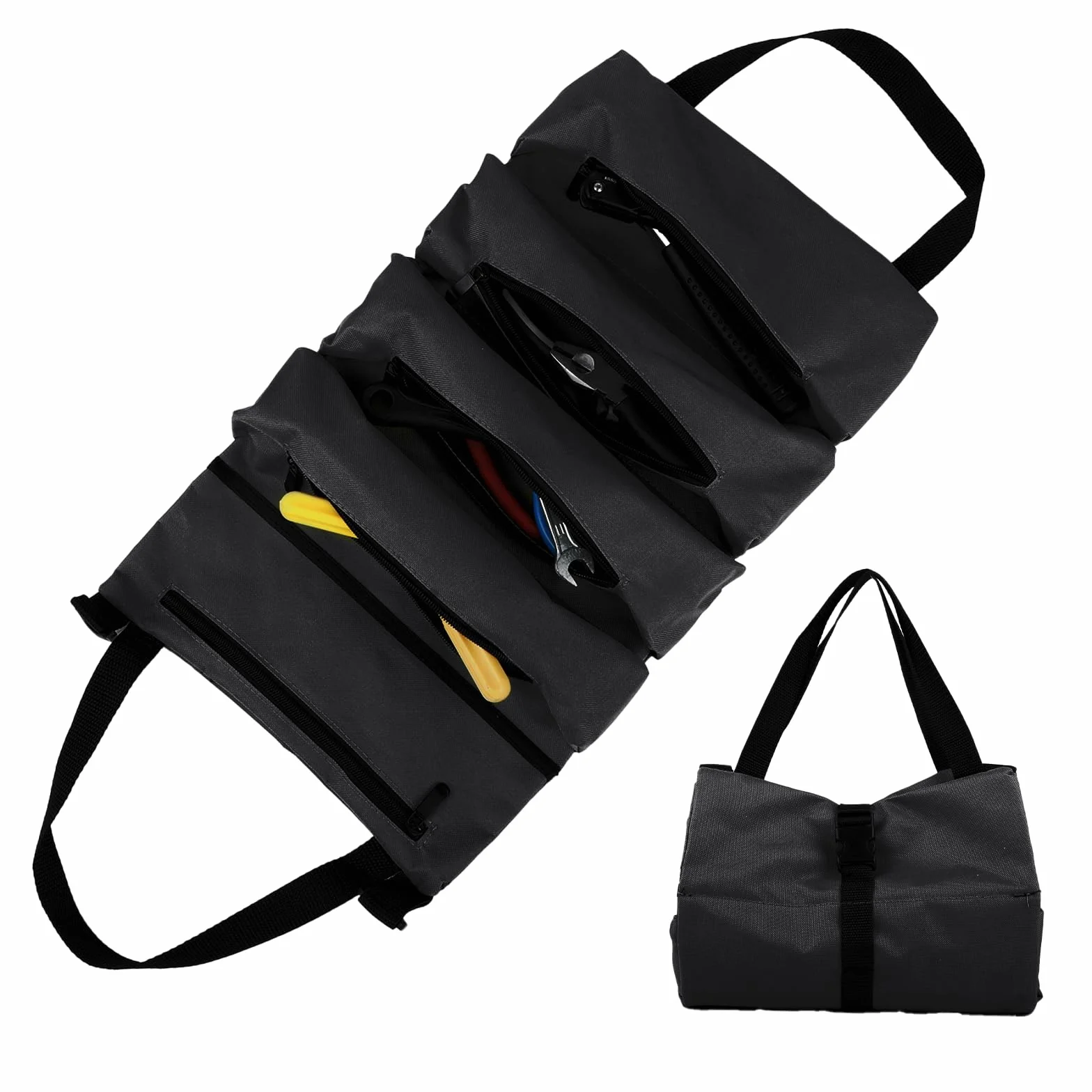 Borsa per Attrezzi Arrotolabile, Tasca Porta Attrezzi - Borsa Portautensili con 5 Tasche con Cerniera - Per Elettricisti, Idraulici, Falegnami, Uso Domestico, Auto e Moto (Nero)