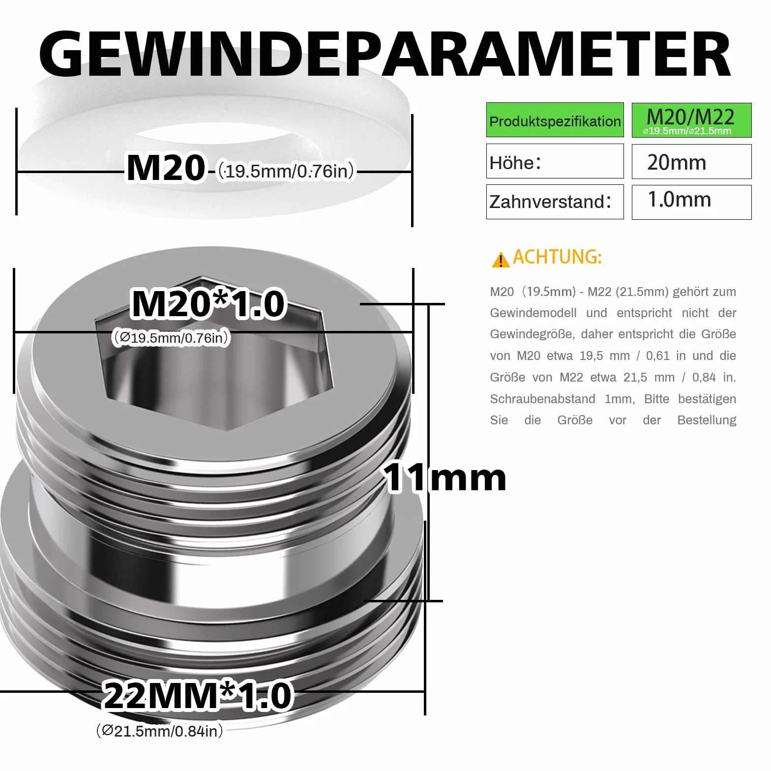 Adattatore per rubinetto M20 su M22 - 2 pezzi, adattatore filettato per filettatura esterna M20 e M22, adatto per rubinetti da cucina, risparmiatori d'acqua, depuratori d'acqua, raccordi per