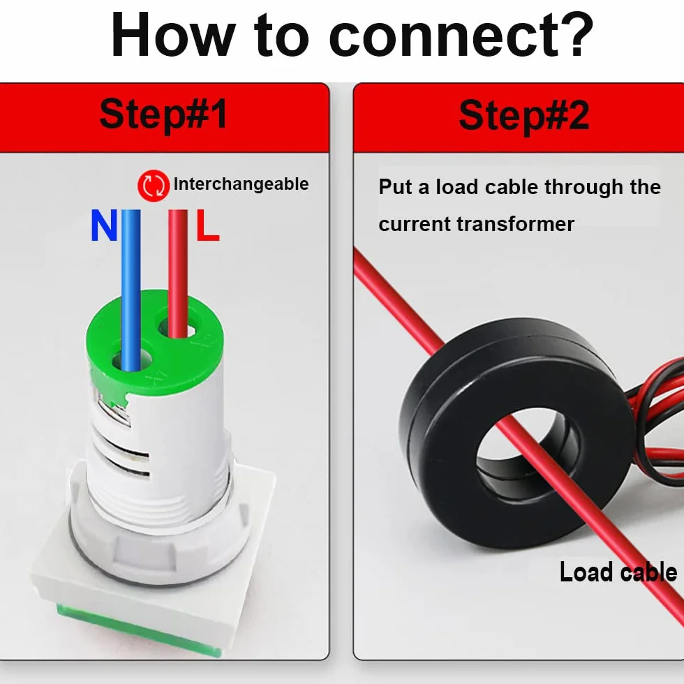 Gebildet Tester di Tensione di Corrente CA da 22mm con Display a LED a 3 cifre Voltmetro Multifunzione Amperometro Misuratore di Frequenza Multimetro AC 50-500V 0-100A 0-99Hz (Rosso, Quadrato)