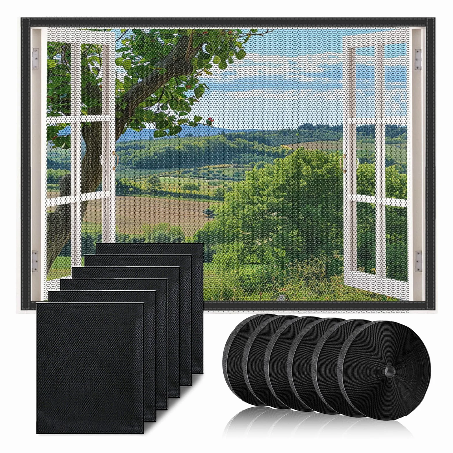 6 zanzariere per finestre, zanzariera, ritagliabile, 130 x 150 cm, zanzariera per finestra, autoadesiva, protezione dagli insetti, finestra con 6 rotoli di nastro adesivo (nero)