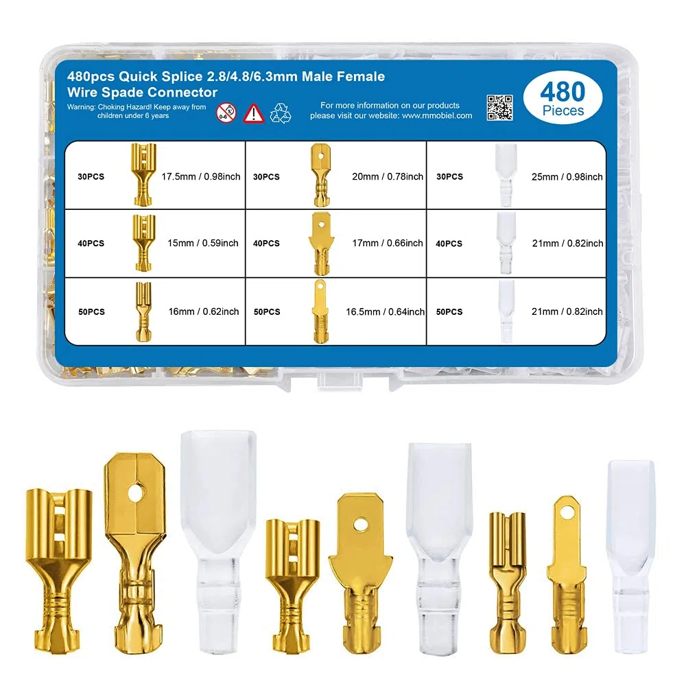 MMOBIEL 480 pz Assortimento di connettori a forcella Morsettiere a crimpare per cavi con guaine isolanti per cablaggio elettrico - 2,8 mm 4,8 mm 6,3 mm maschio e femmina - Oro