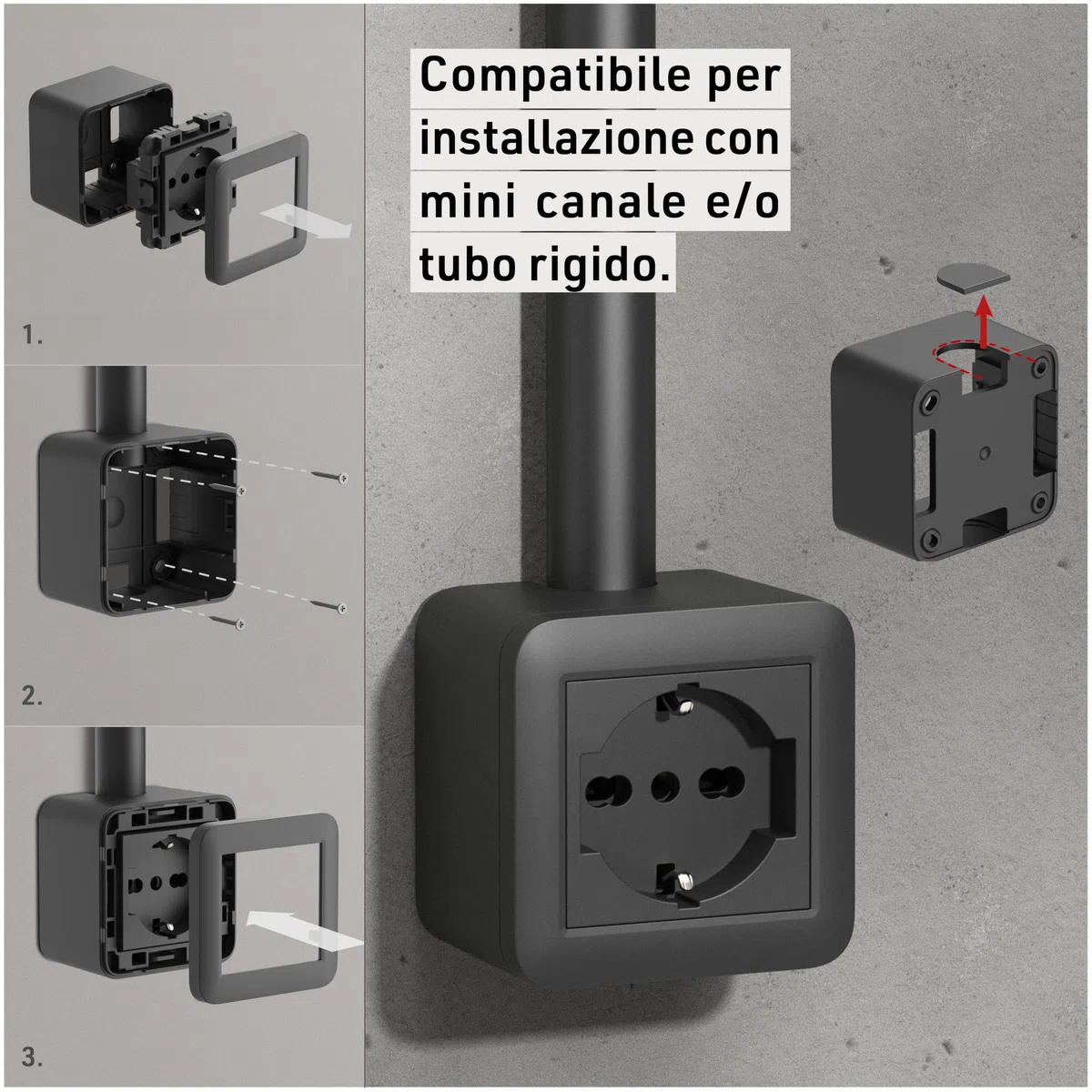 Electraline 60478 Contenitore da superficie FIXA con presa P40 (Schuko+10/16A), Nero, IP40, compatibile per installazione con tubo rigido e canalina