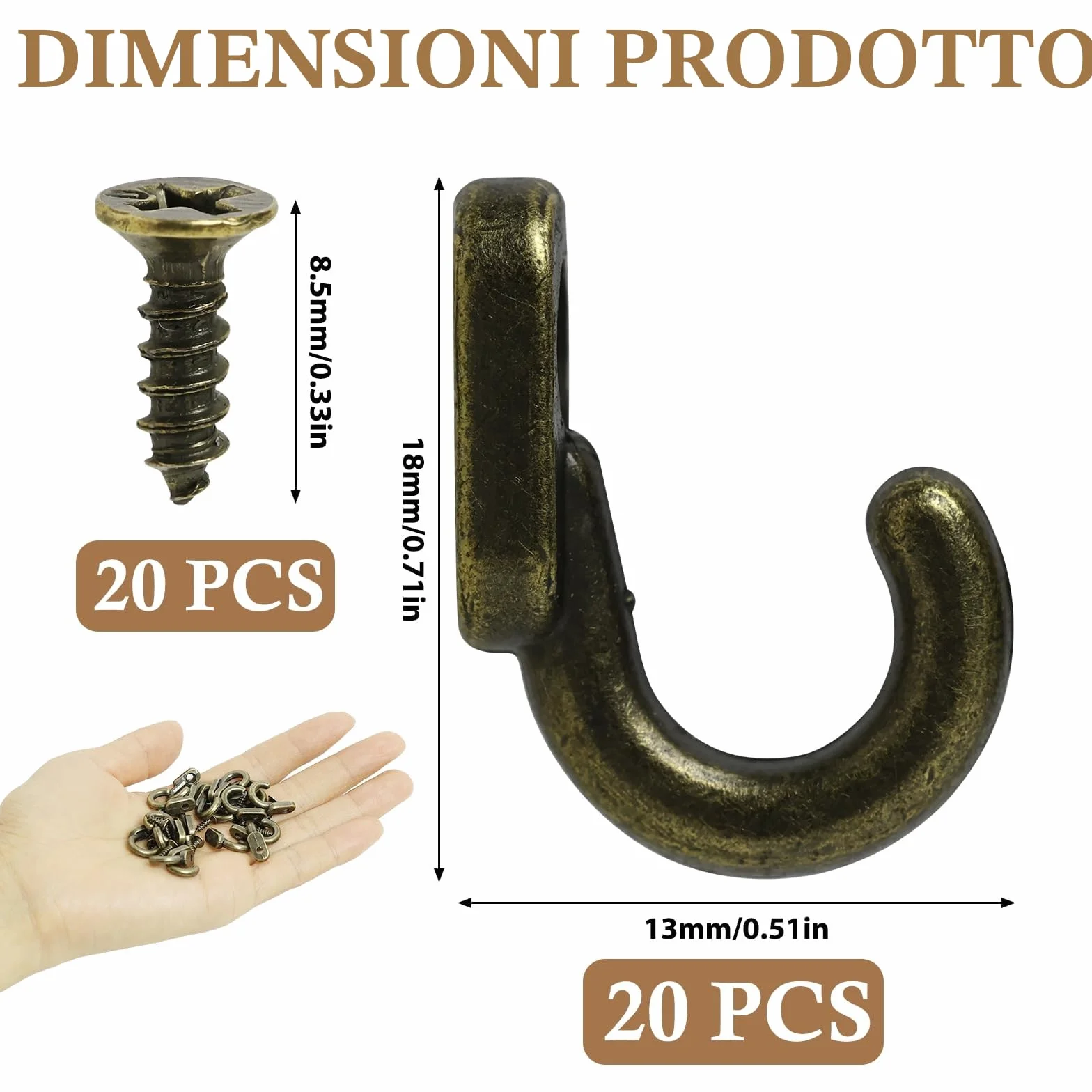 Piccoli ganci da avvitare in bronzo, 20 pezzi, ganci a vite, piccoli ganci per viti, ganci decorativi da parete per avvitare, gancio per portachiavi, gancio per porta, cucina, corridoio, ufficio