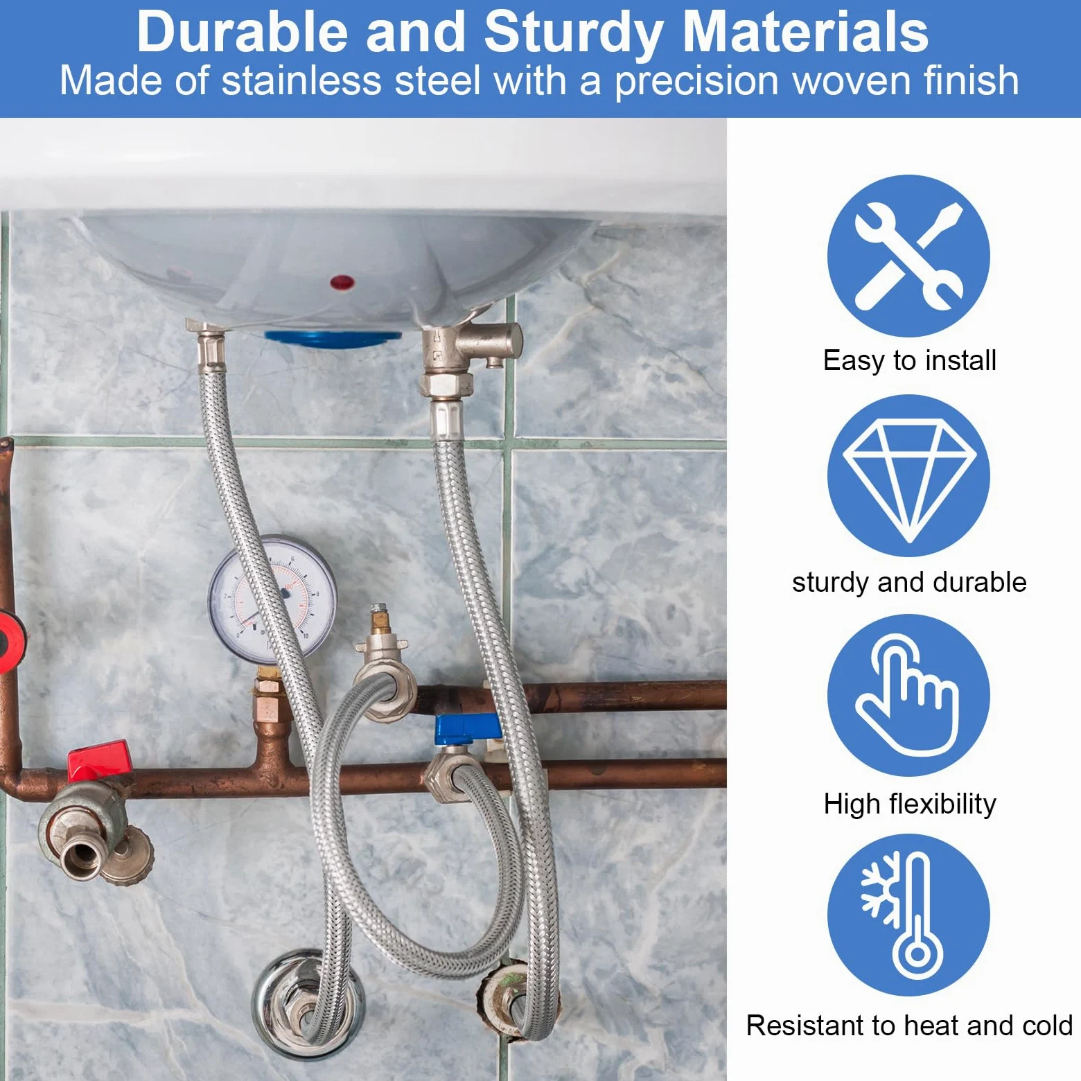 Tubo flessibile 3/8, 4 pezzi, tubo corazzato da 3/8 pollici, filettatura interna dell'acqua, prolunga 30 cm, 20 cm, tubo flessibile in acciaio inox, per rubinetto, bagno e WC
