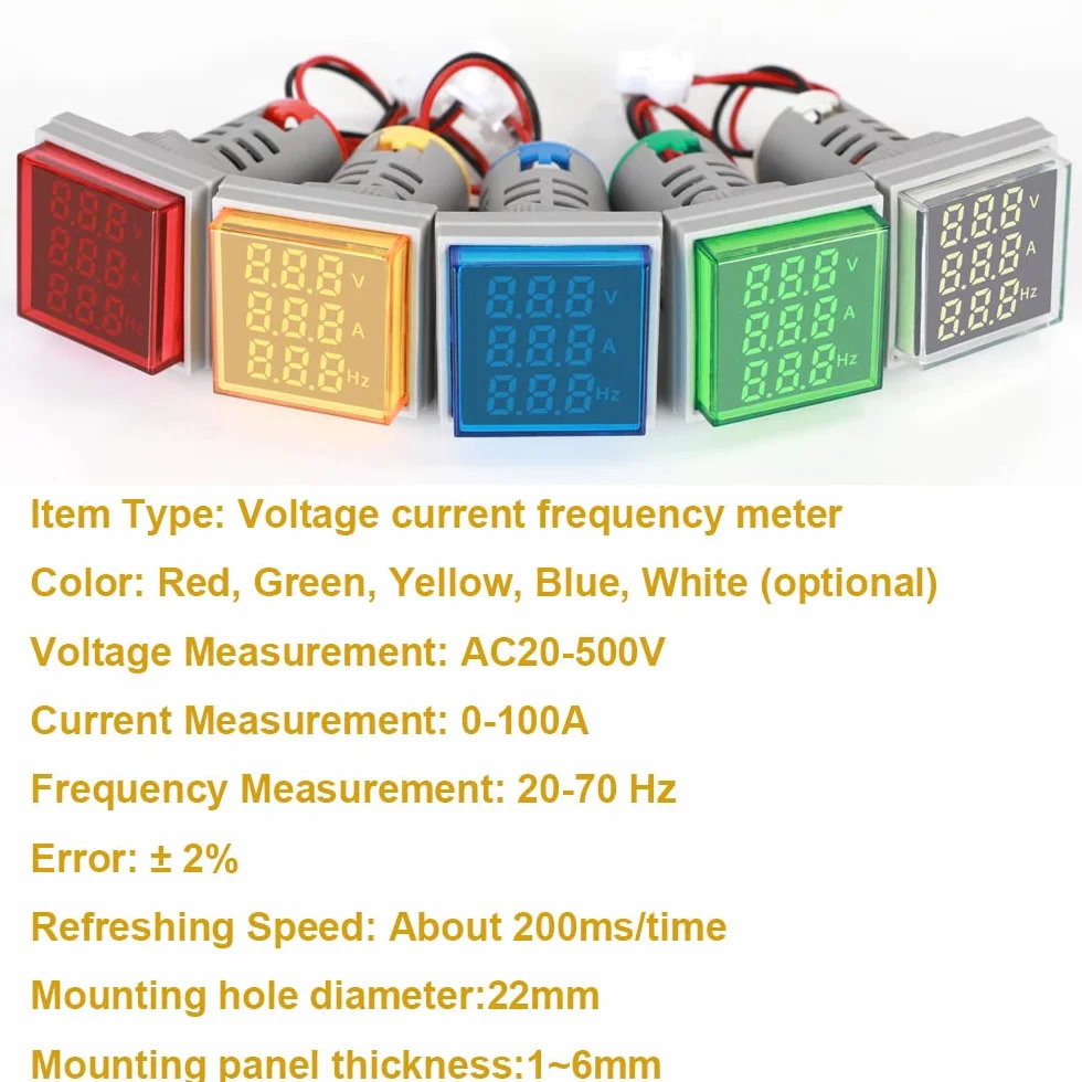 Gebildet Tester di Tensione di Corrente CA da 22mm con Display a LED a 3 cifre Voltmetro Multifunzione Amperometro Misuratore di Frequenza Multimetro AC 50-500V 0-100A 0-99Hz (Rosso, Quadrato)